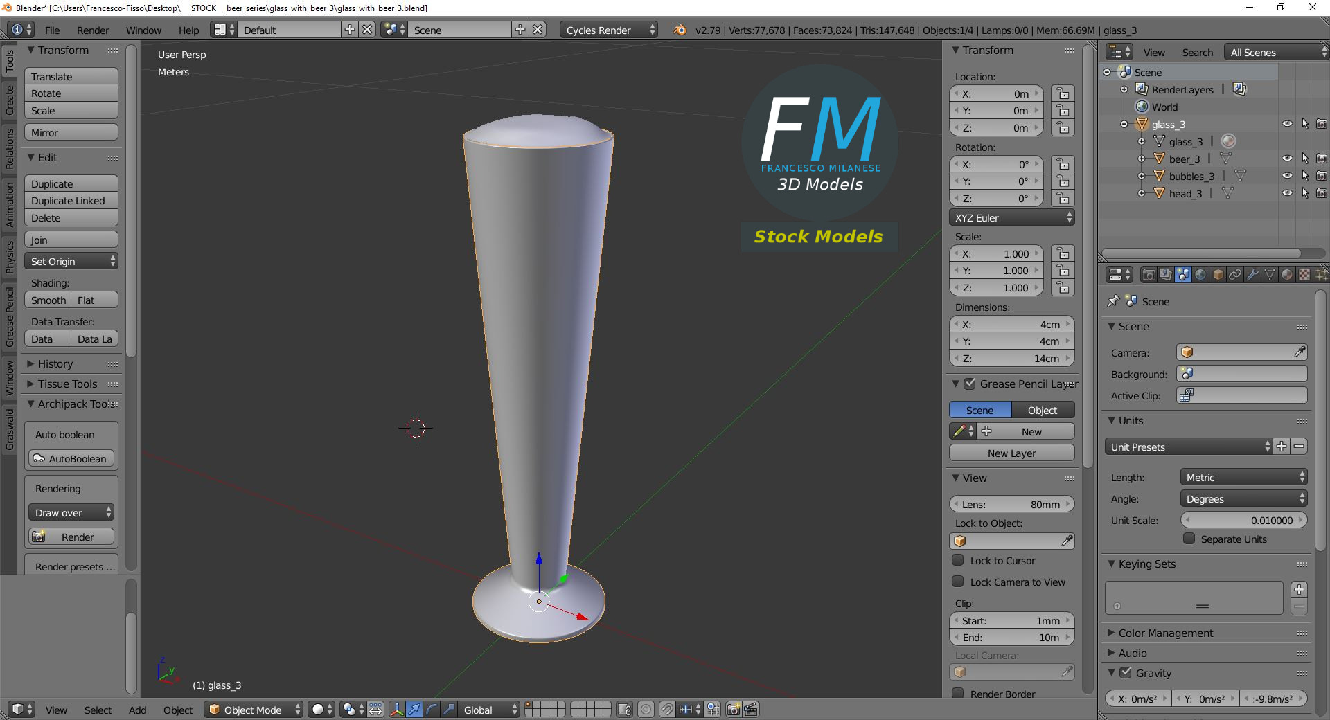 3D-Modell - Hohes Bierglas mit Schaum - 09