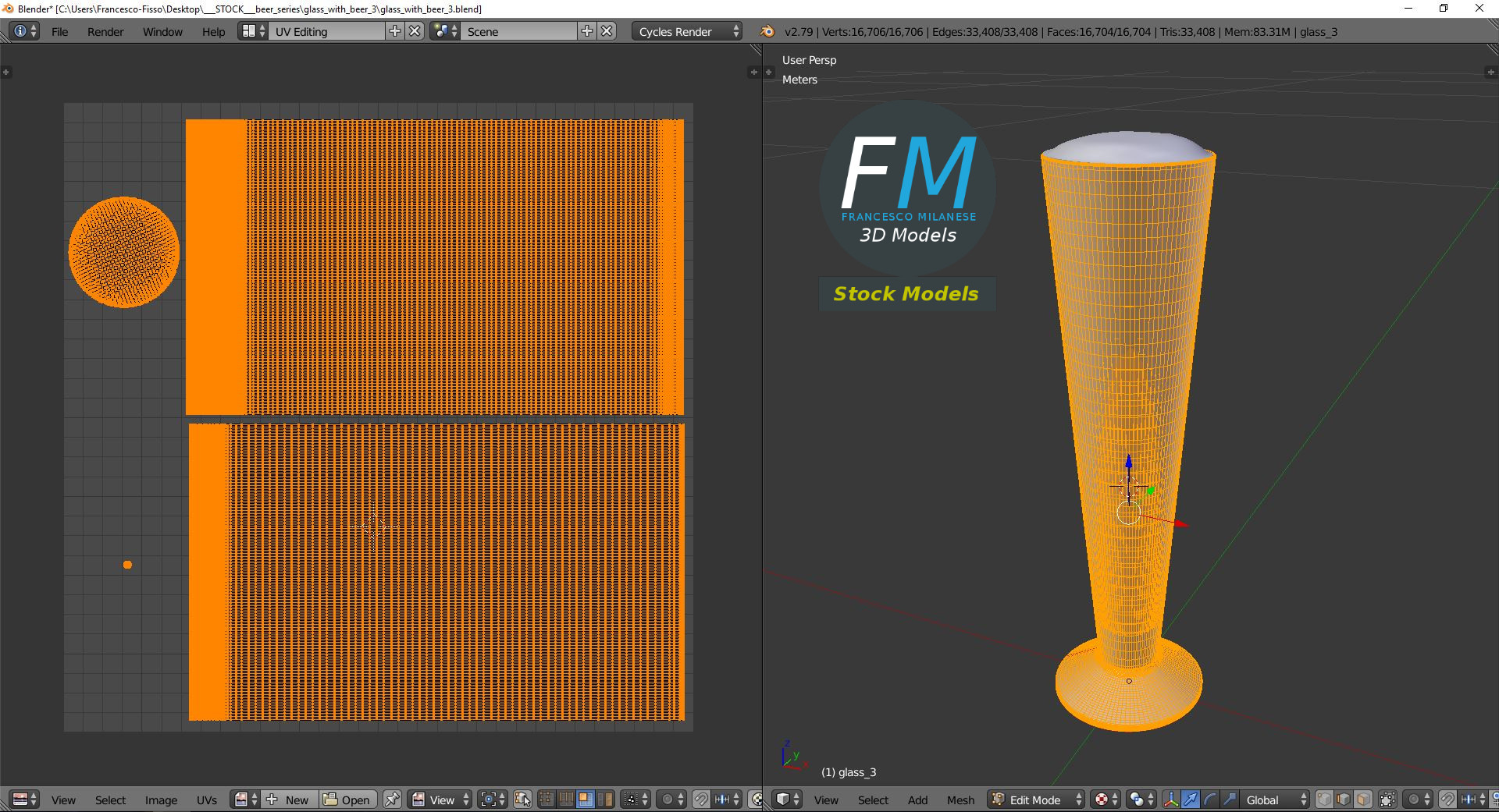 3D-Modell - Hohes Bierglas mit Schaum - 10