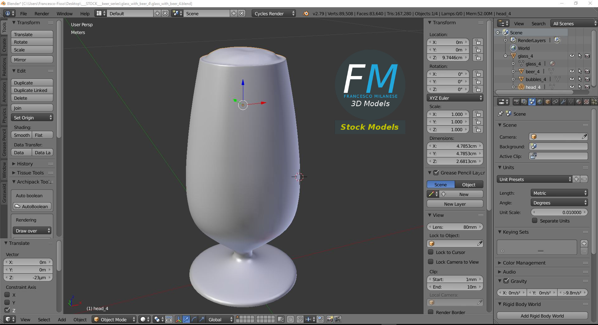 3D-Modell - Bierstielglas mit Schaum - 09