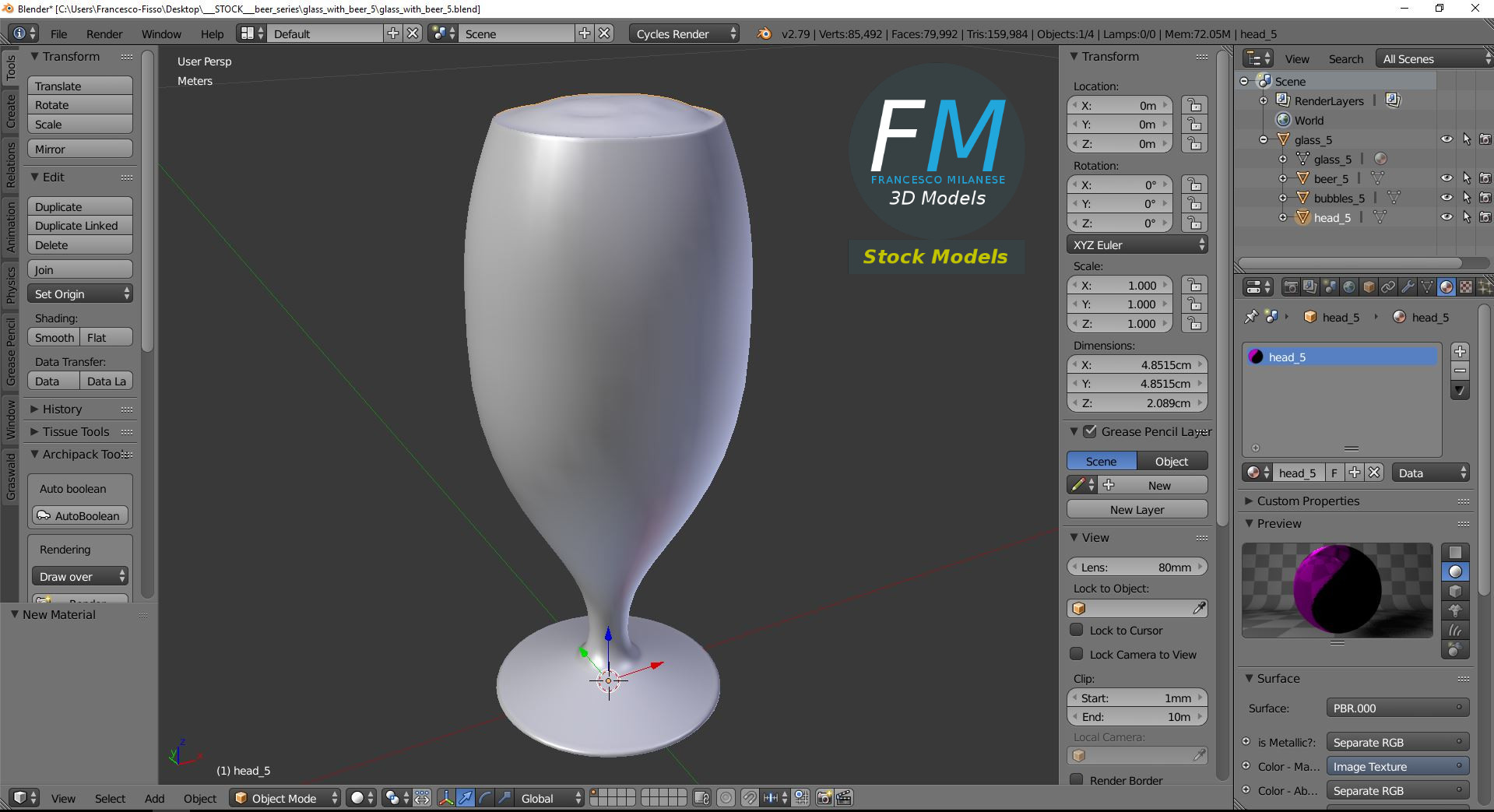 3D-Modell - Bierstielglas mit Schaum - 09