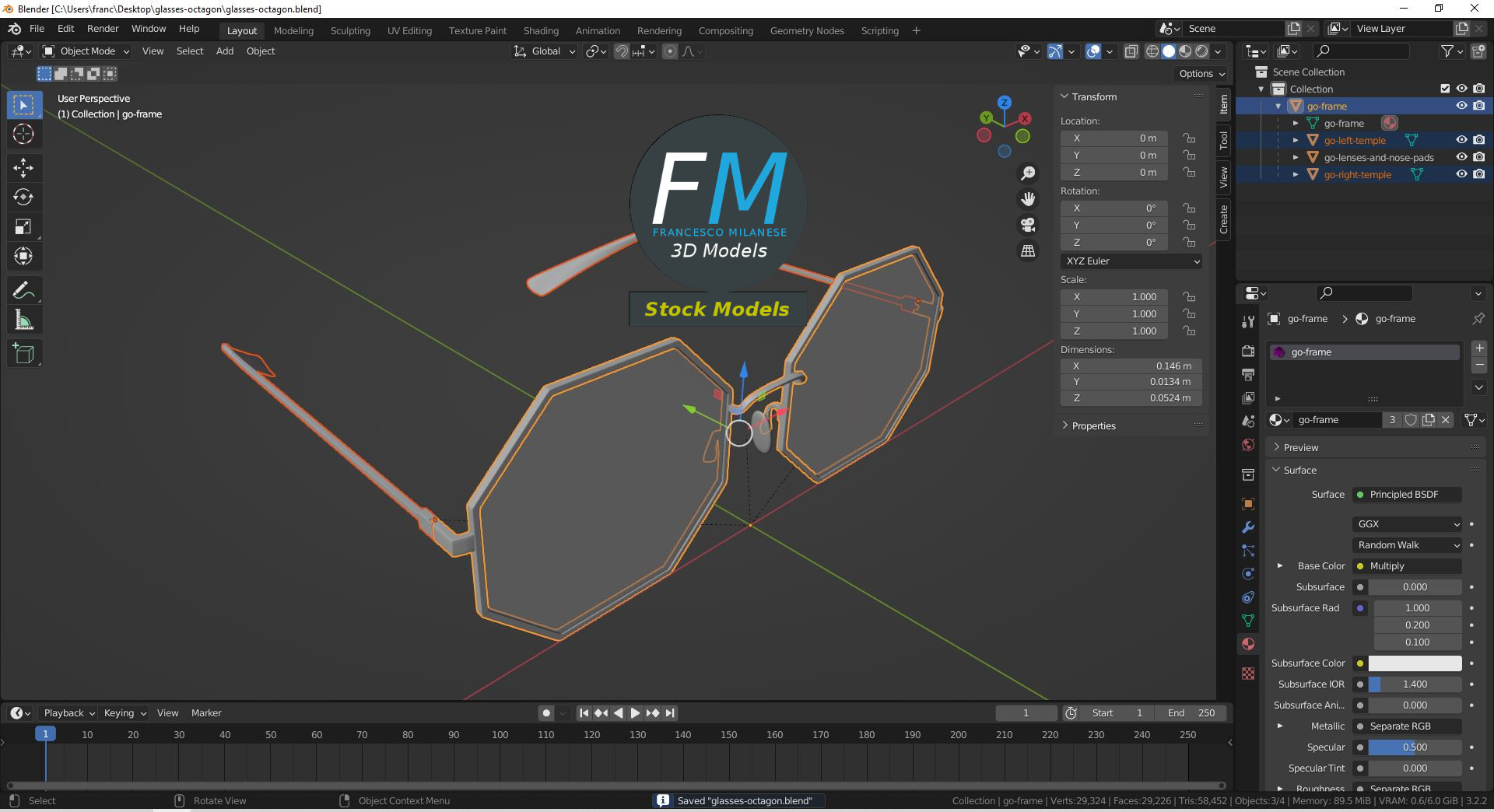 3D-Modell - Achteckige Brille - 09