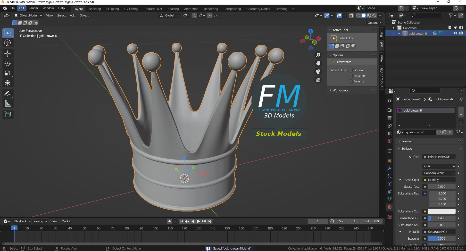 3D-Modell - Goldene Königskrone mit Doppelreif - 09