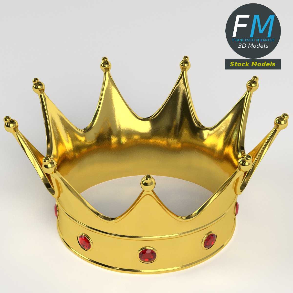 3D-Modell - Goldene Krone mit Roten Edelsteinen - 02