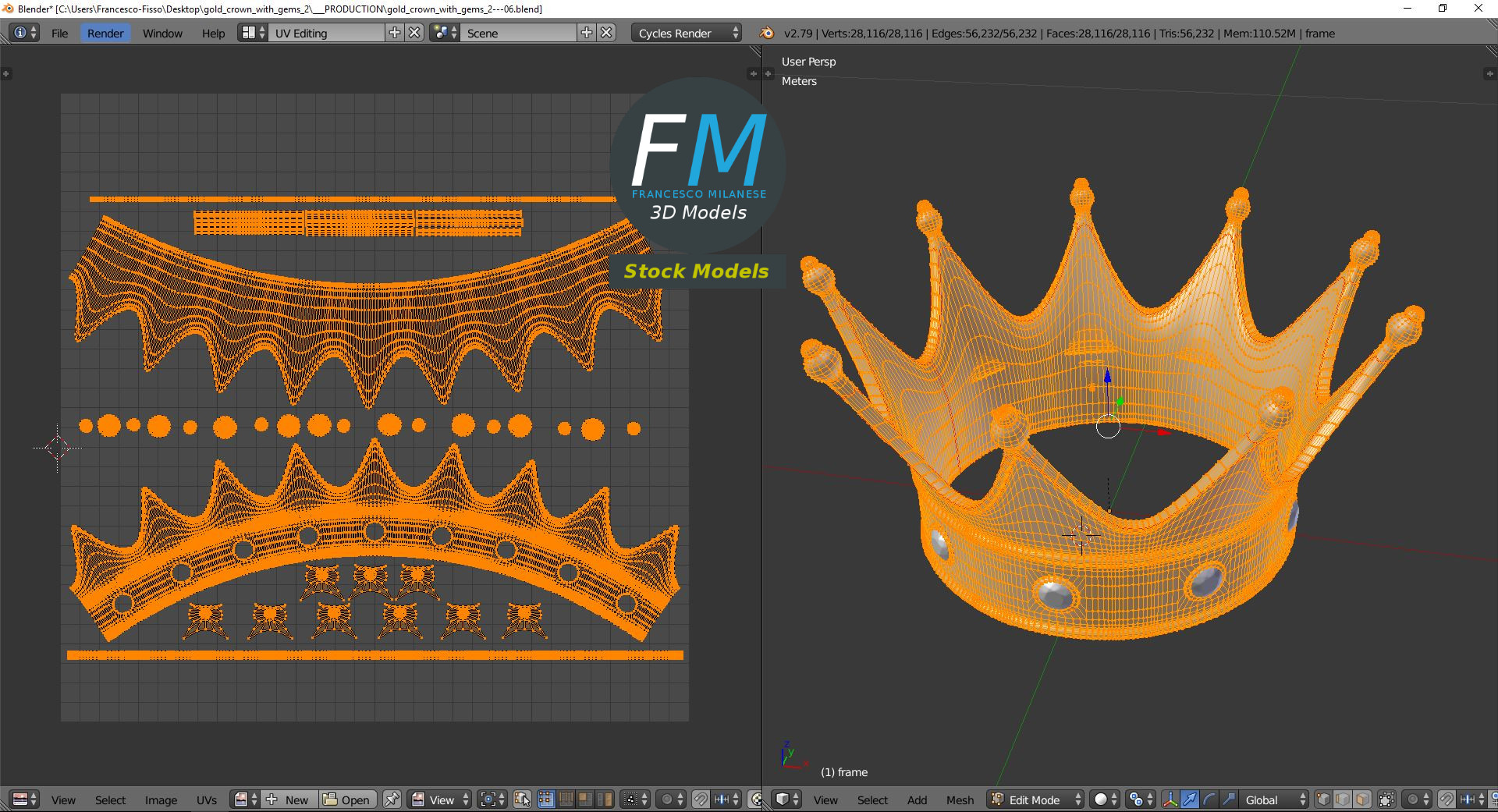 3D-Modell - Goldene Krone mit Roten Edelsteinen - 10