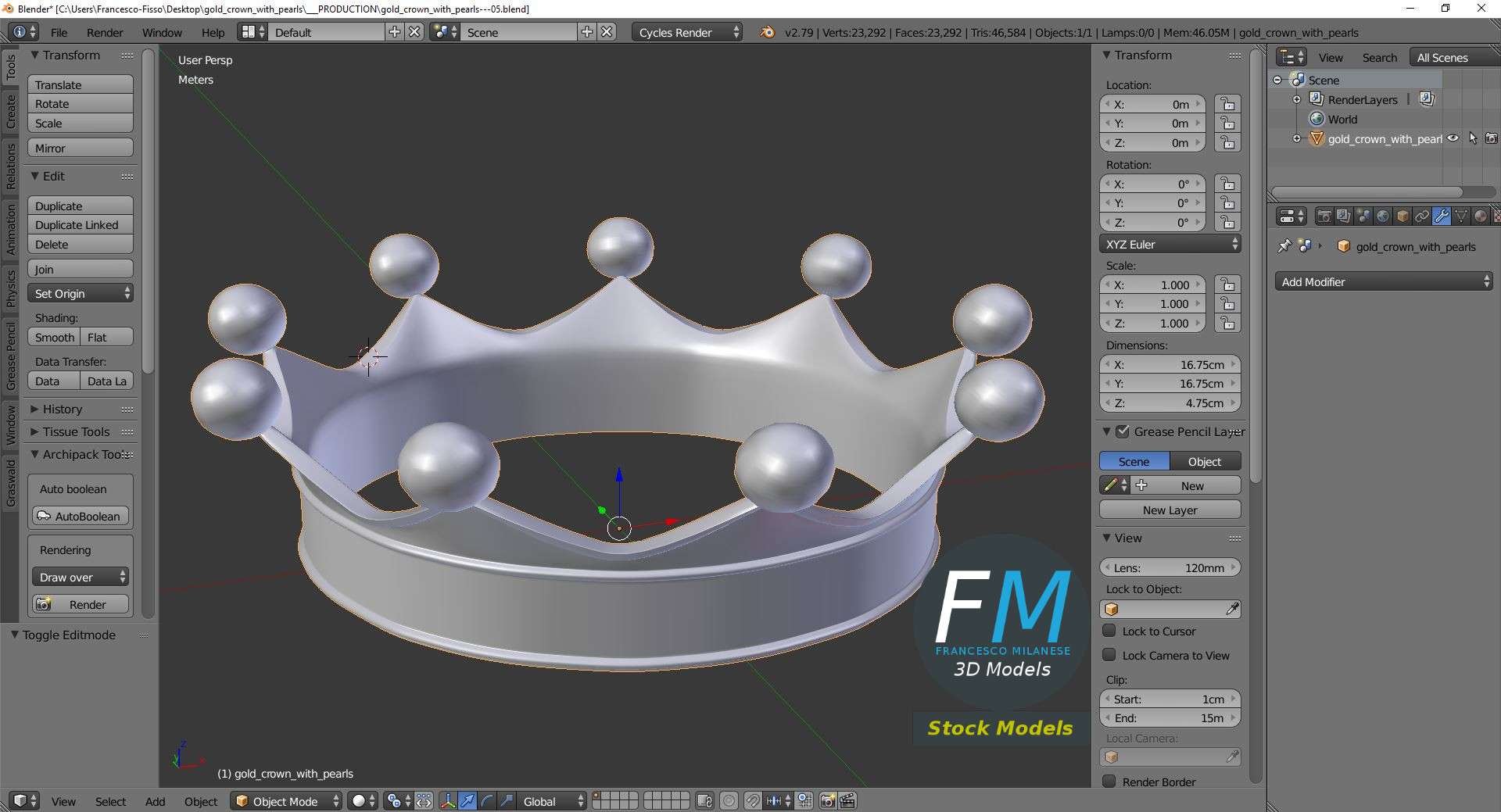 3D-Modell - Goldene Krone mit Perlen - 09