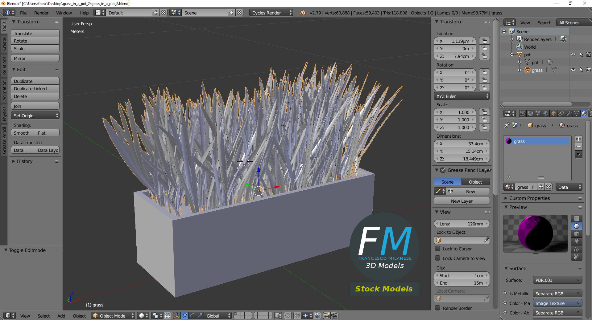 3D-Modell - Gras im Rechteckigen Pflanzgefäß - 09