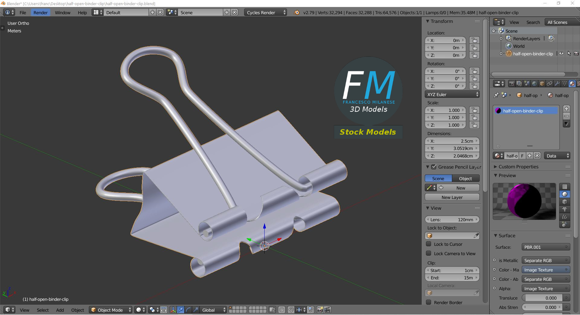 3D-Modell - Halb Geöffnete Foldback-Klammer - 09