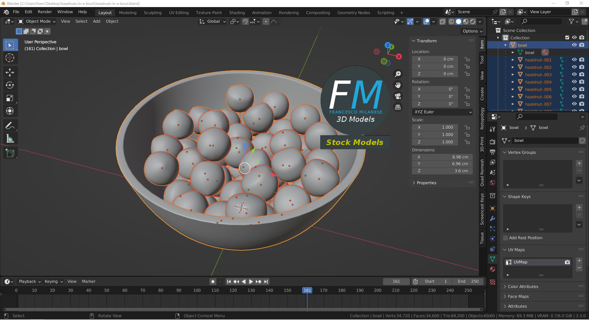 3D-Modell - Haselnüsse in Holzschale - 09