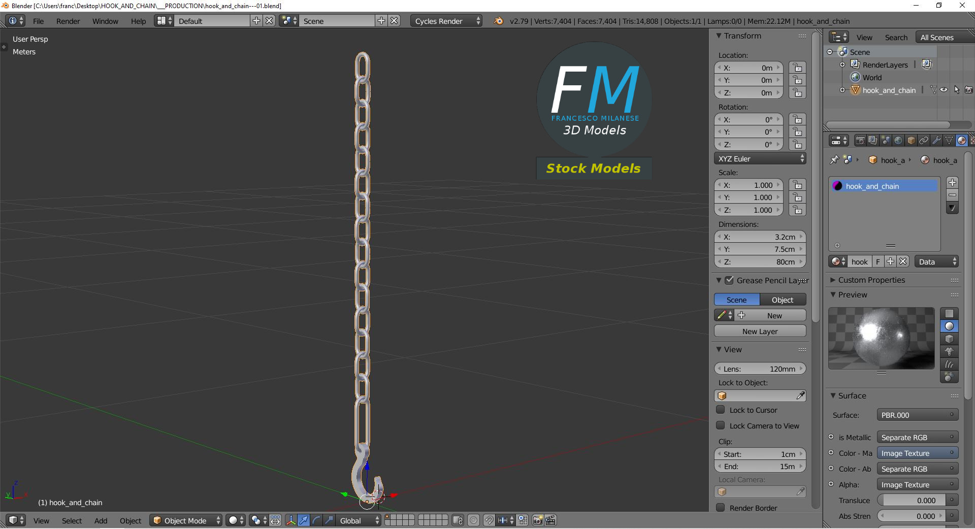 3D-Modell - Haken mit Kette - 09
