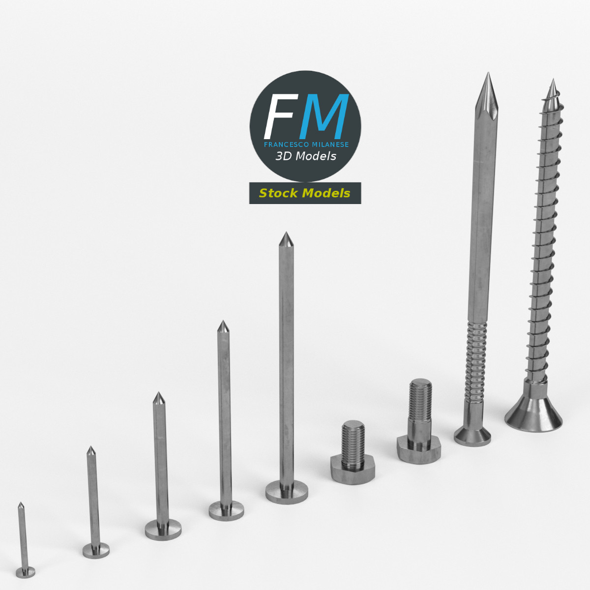 3D-Modell - Set aus Eisennägeln und Schrauben - 01