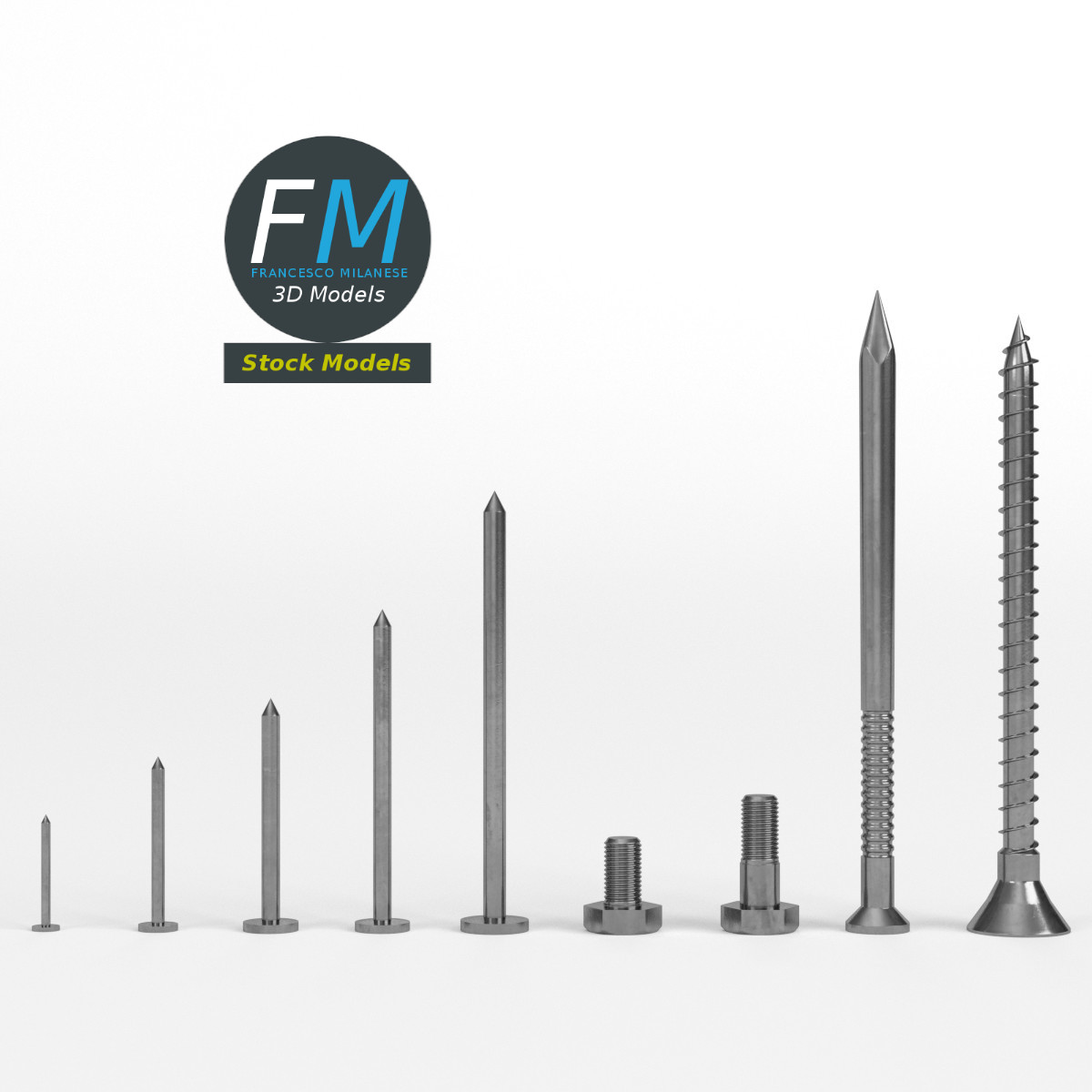3D-Modell - Set aus Eisennägeln und Schrauben - 03