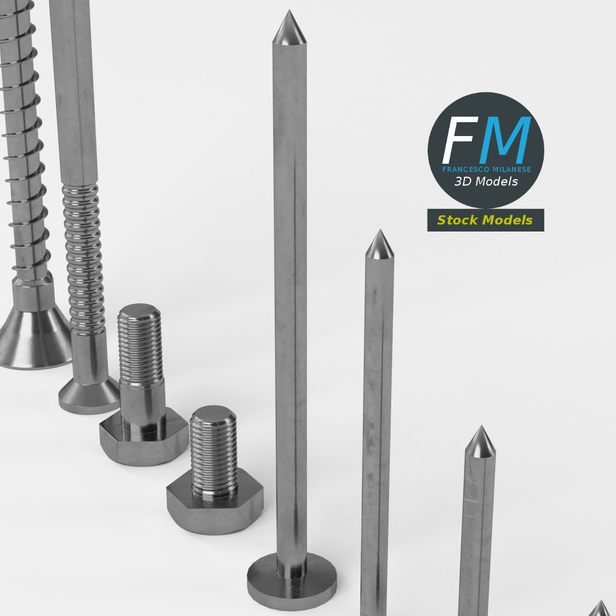 3D-Modell - Set aus Eisennägeln und Schrauben - 05