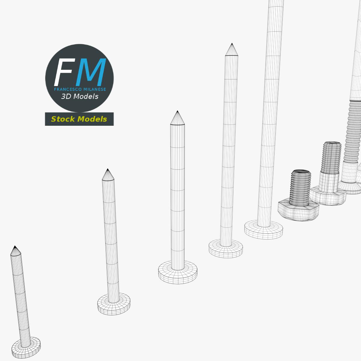 3D-Modell - Set aus Eisennägeln und Schrauben - 07