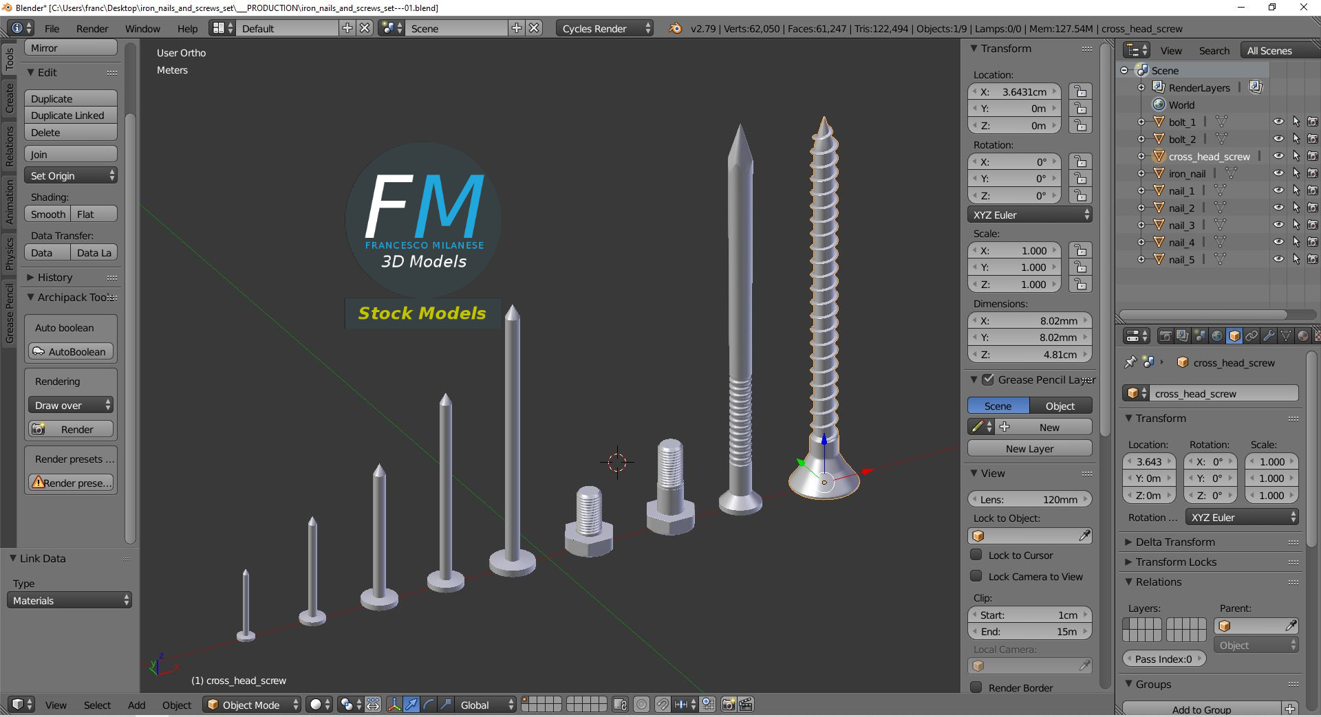 3D-Modell - Set aus Eisennägeln und Schrauben - 09