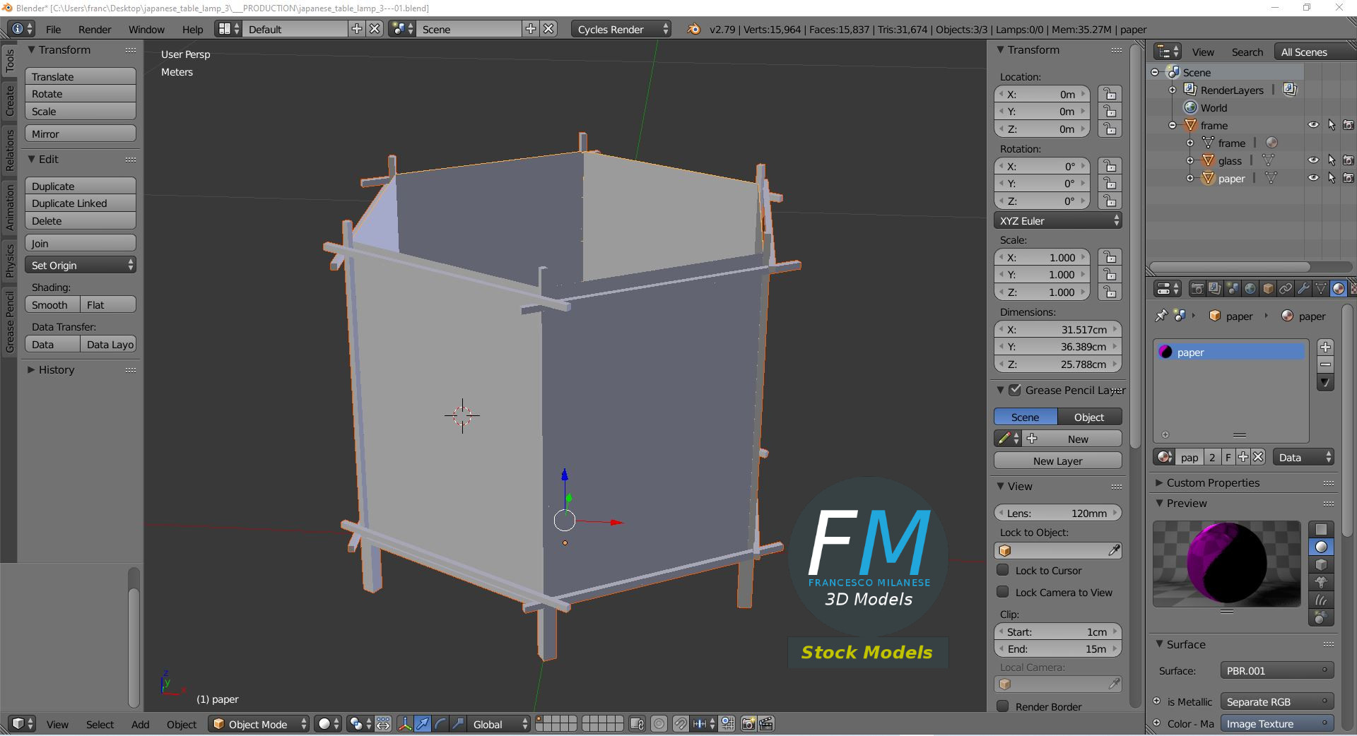 3D-Modell - Quadratische Japanische Tischlampe - 09