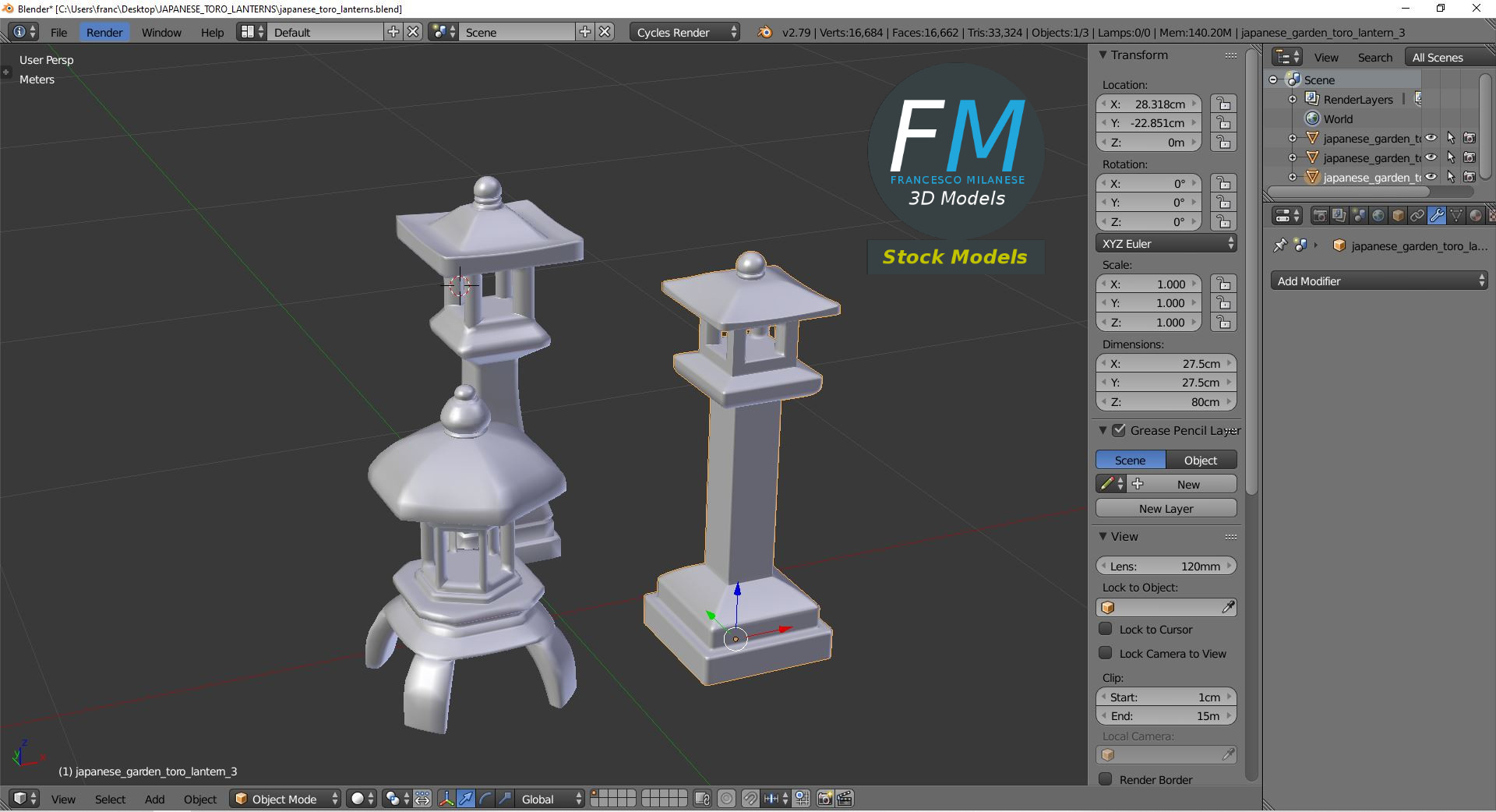 3D-Modell - Set Japanischer Toro-Steinlaternen - 09