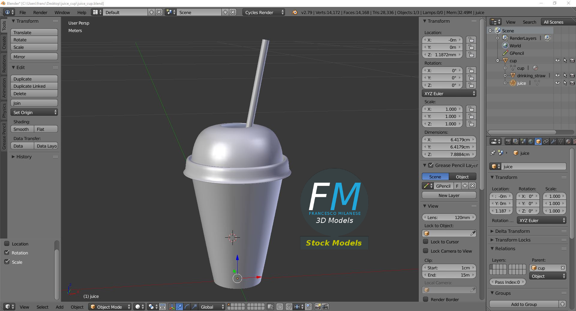 3D-Modell - Saftbecher mit Kuppeldeckel und Strohhalm - 09