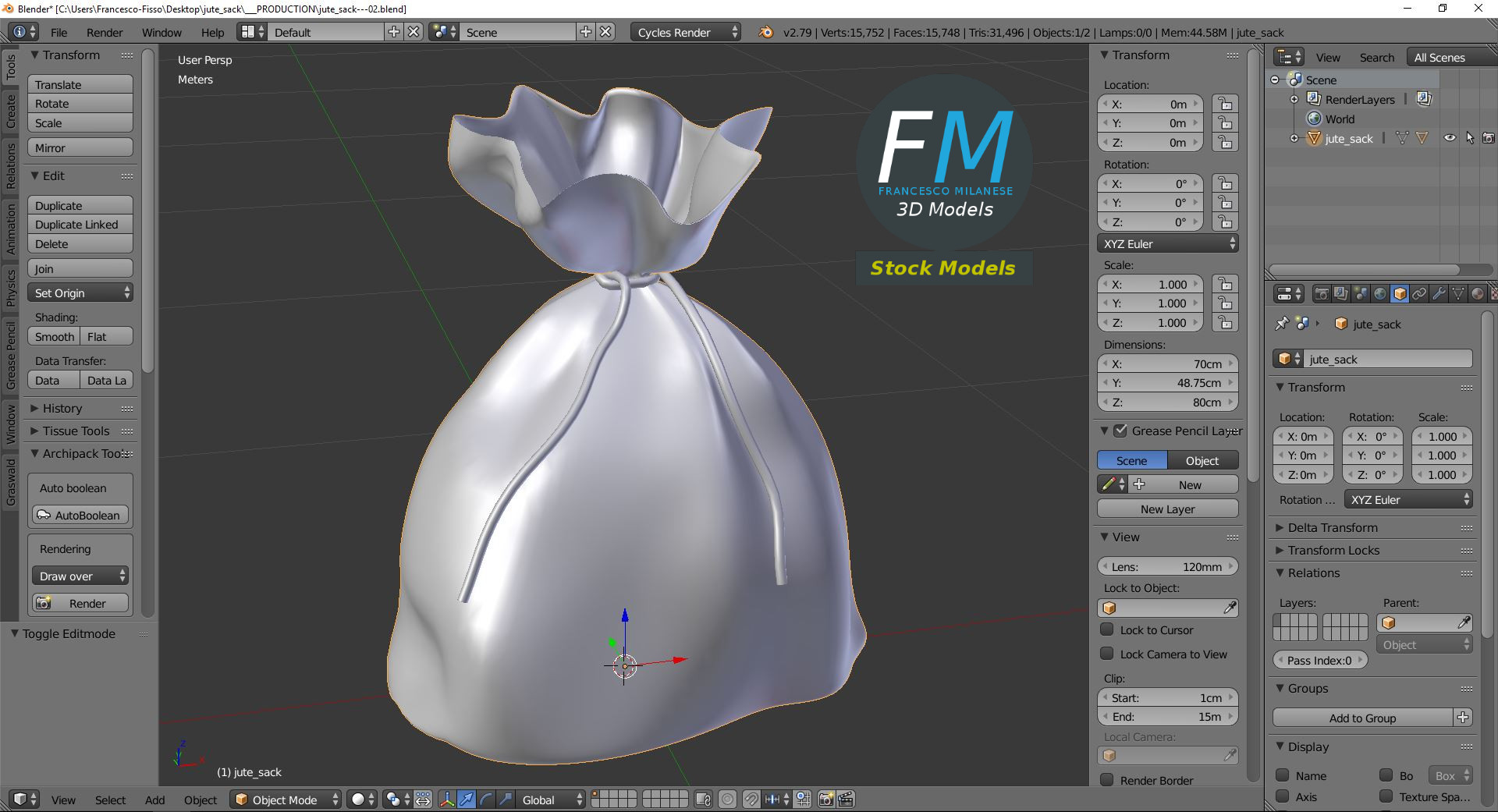 3D-Modell - Jutesack mit Kordel - 09