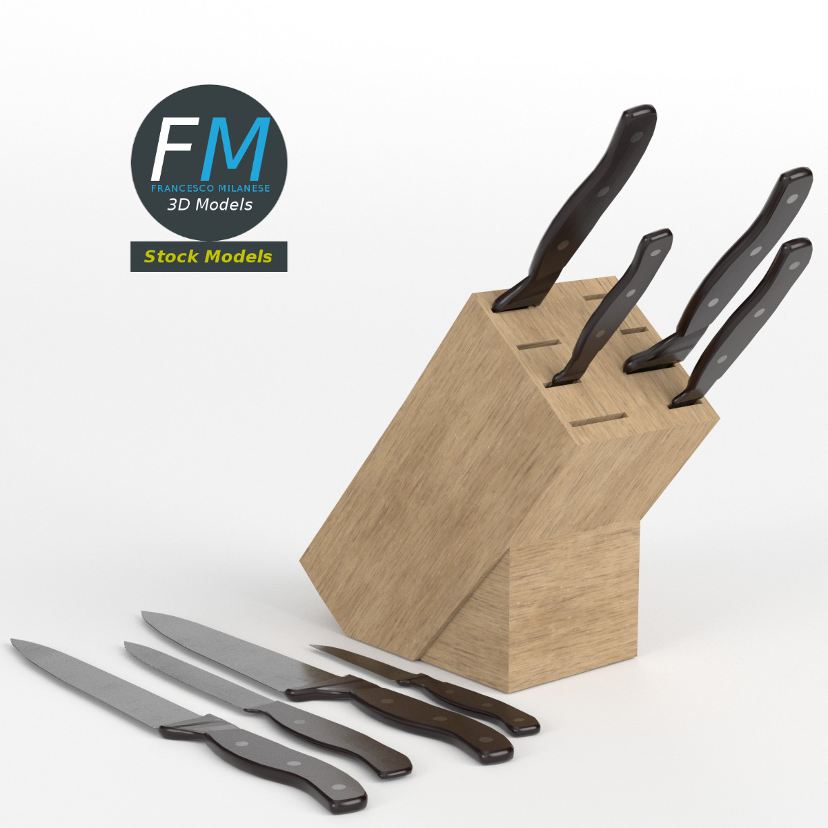 3D-Modell - Küchenmesser mit Holzblock - 01