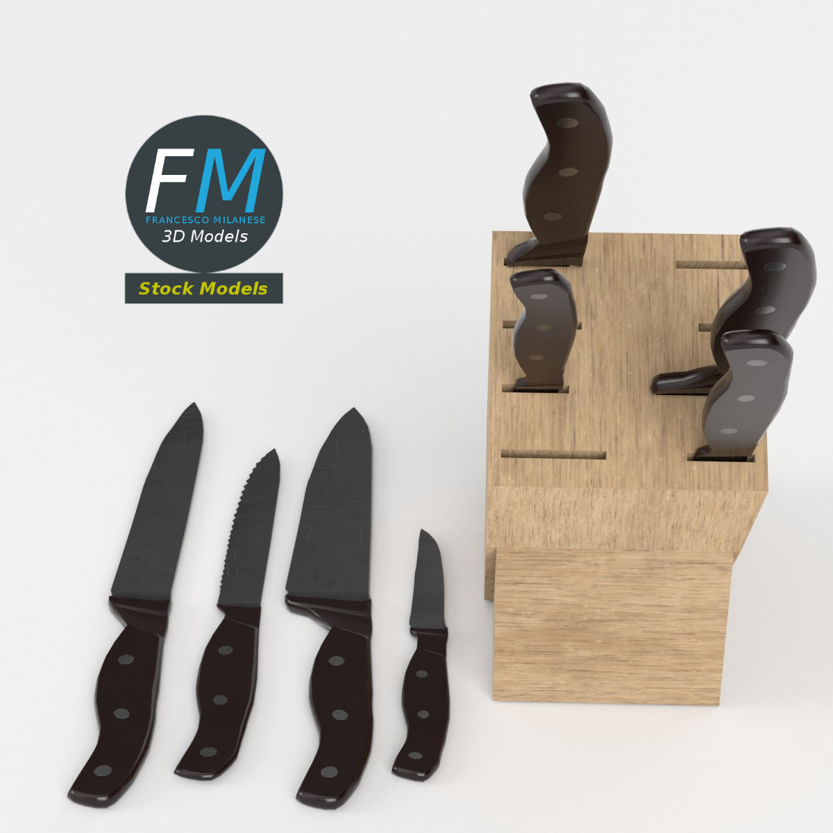 3D-Modell - Küchenmesser mit Holzblock - 02