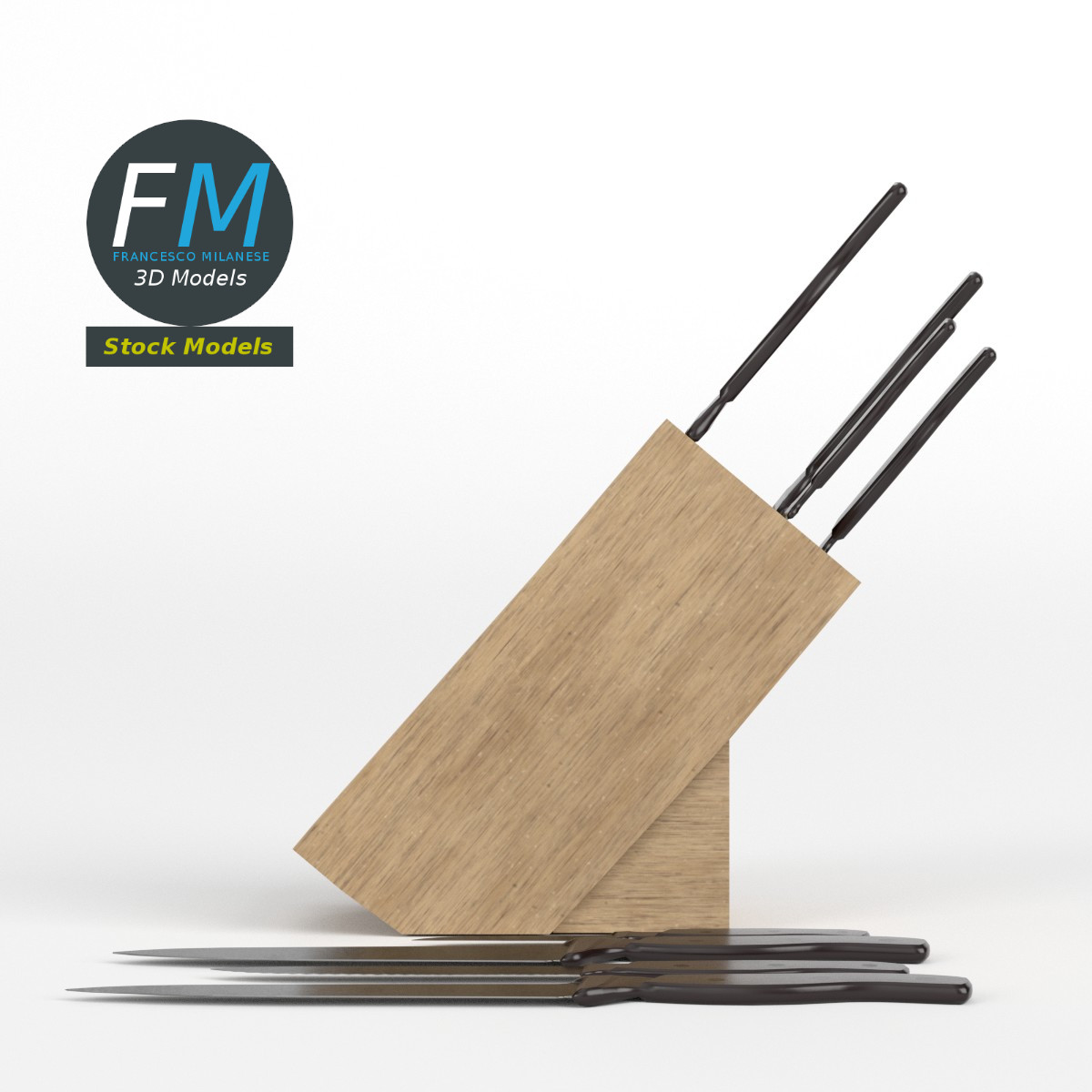 3D-Modell - Küchenmesser mit Holzblock - 03