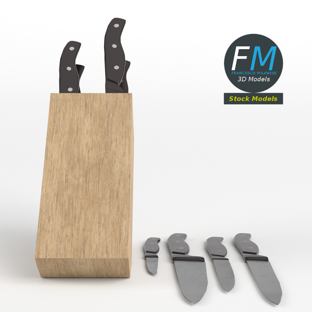 3D-Modell - Küchenmesser mit Holzblock - 04