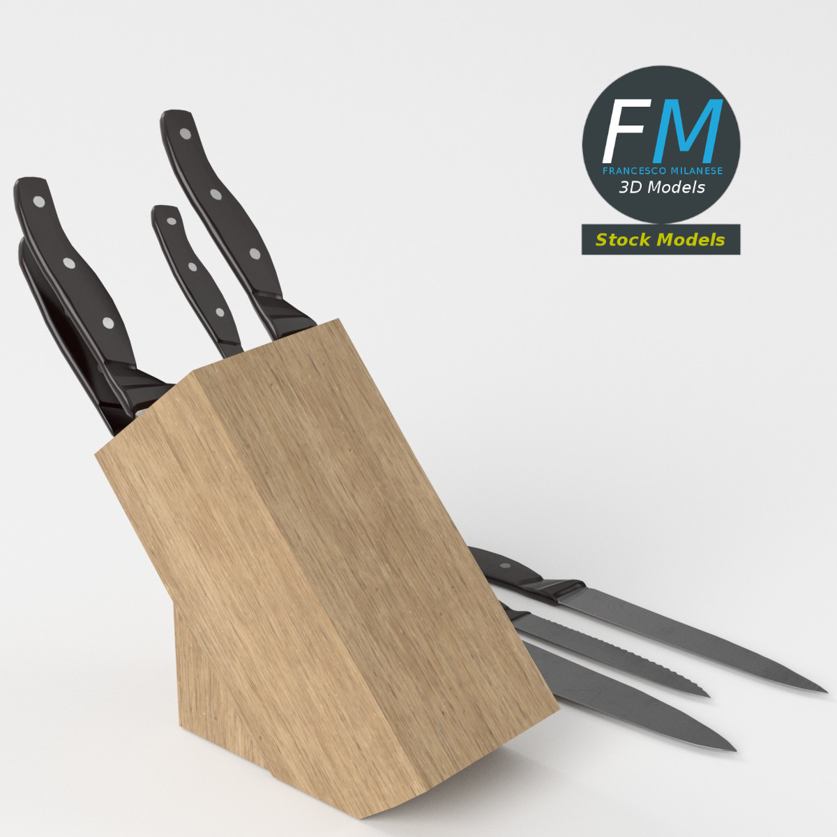 3D-Modell - Küchenmesser mit Holzblock - 05