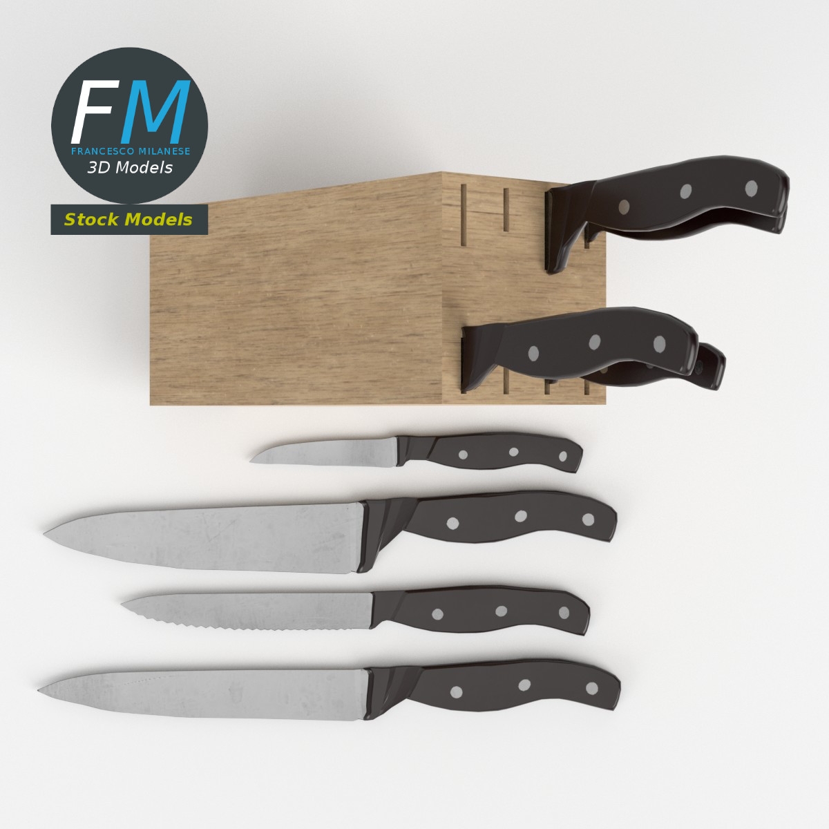 3D-Modell - Küchenmesser mit Holzblock - 06