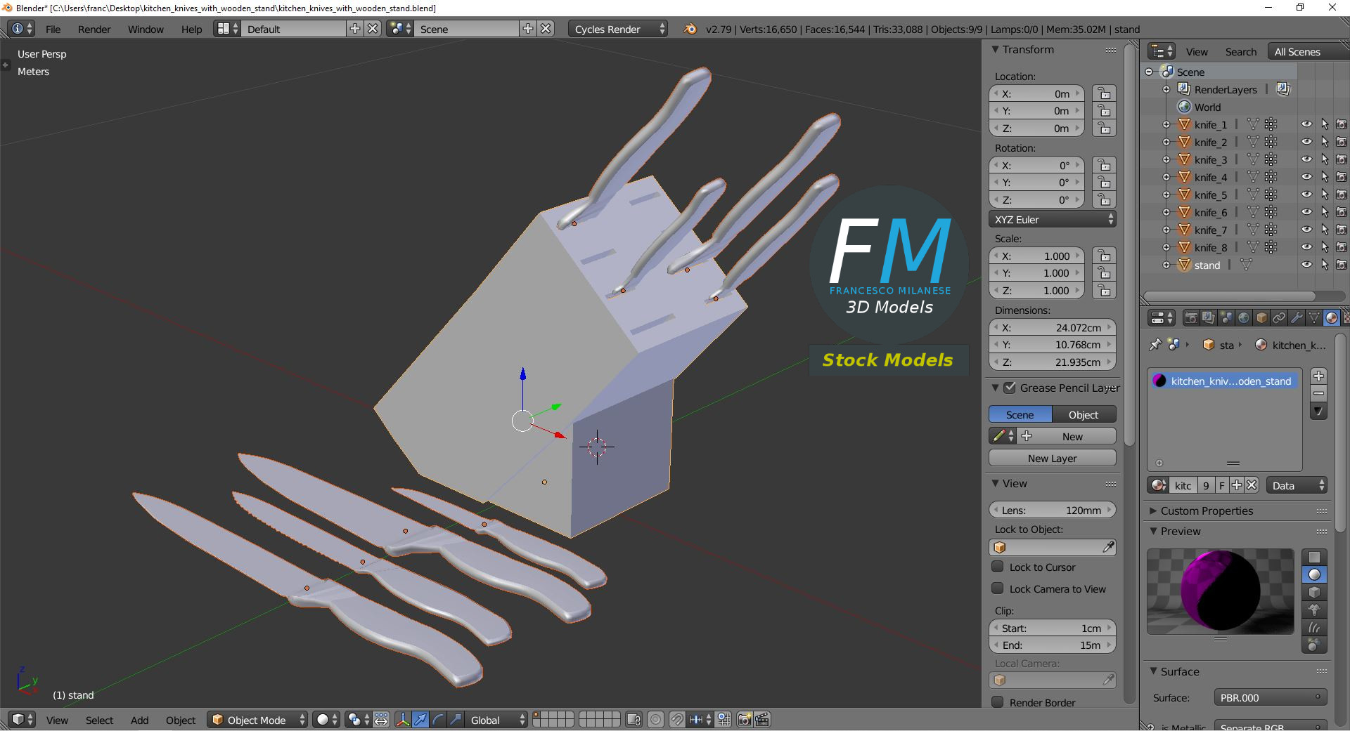 3D-Modell - Küchenmesser mit Holzblock - 09