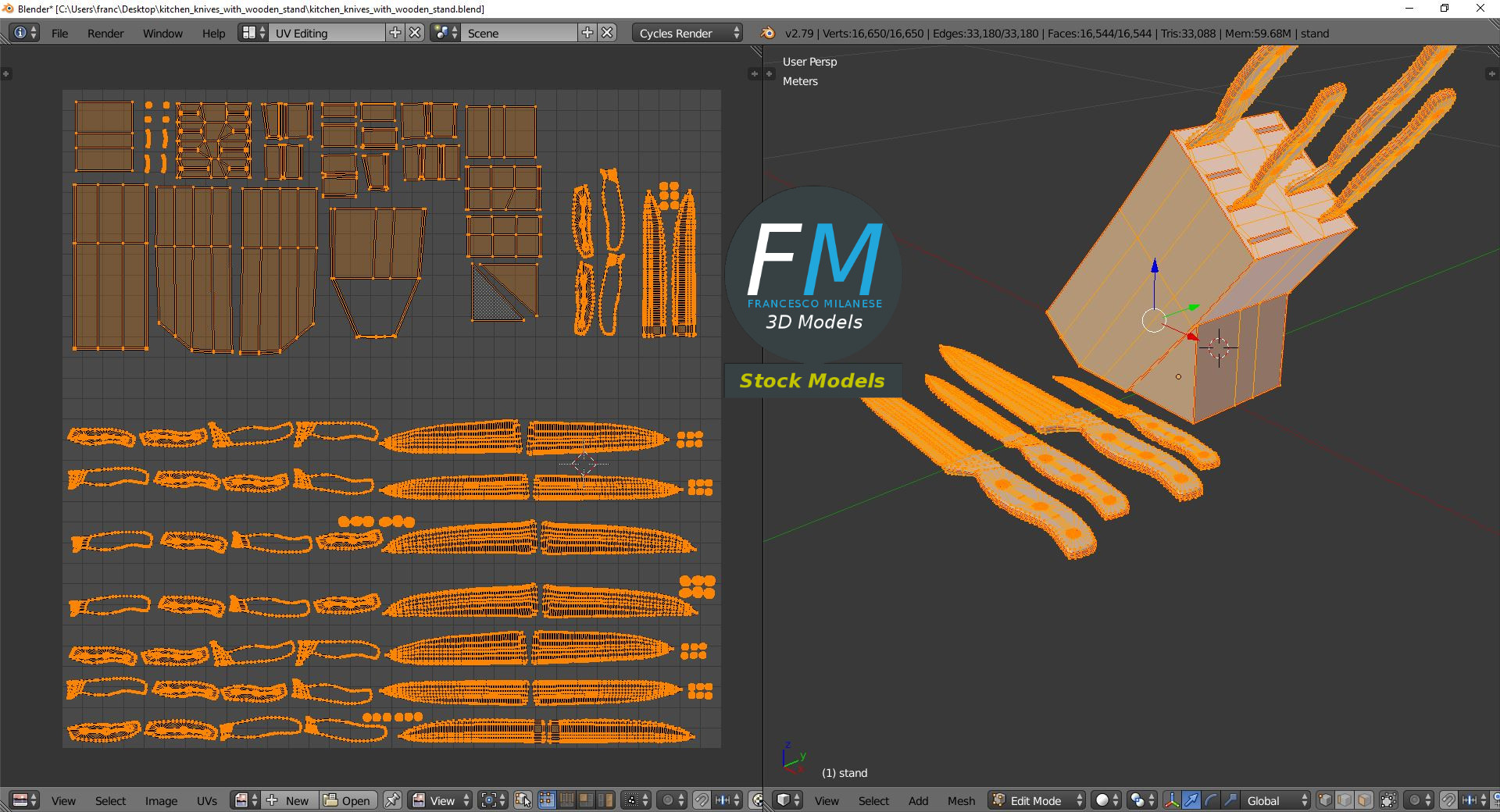 3D-Modell - Küchenmesser mit Holzblock - 10