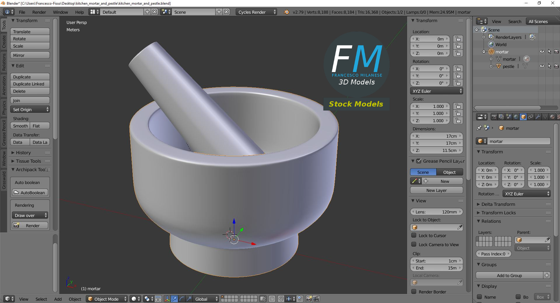 3D-Modell - Küchenmörser mit Stößel - 09