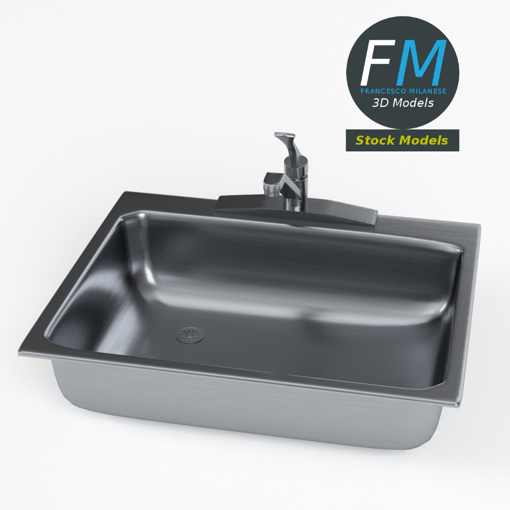 3D-Modell - Edelstahl-Küchenspüle mit Armatur - 02