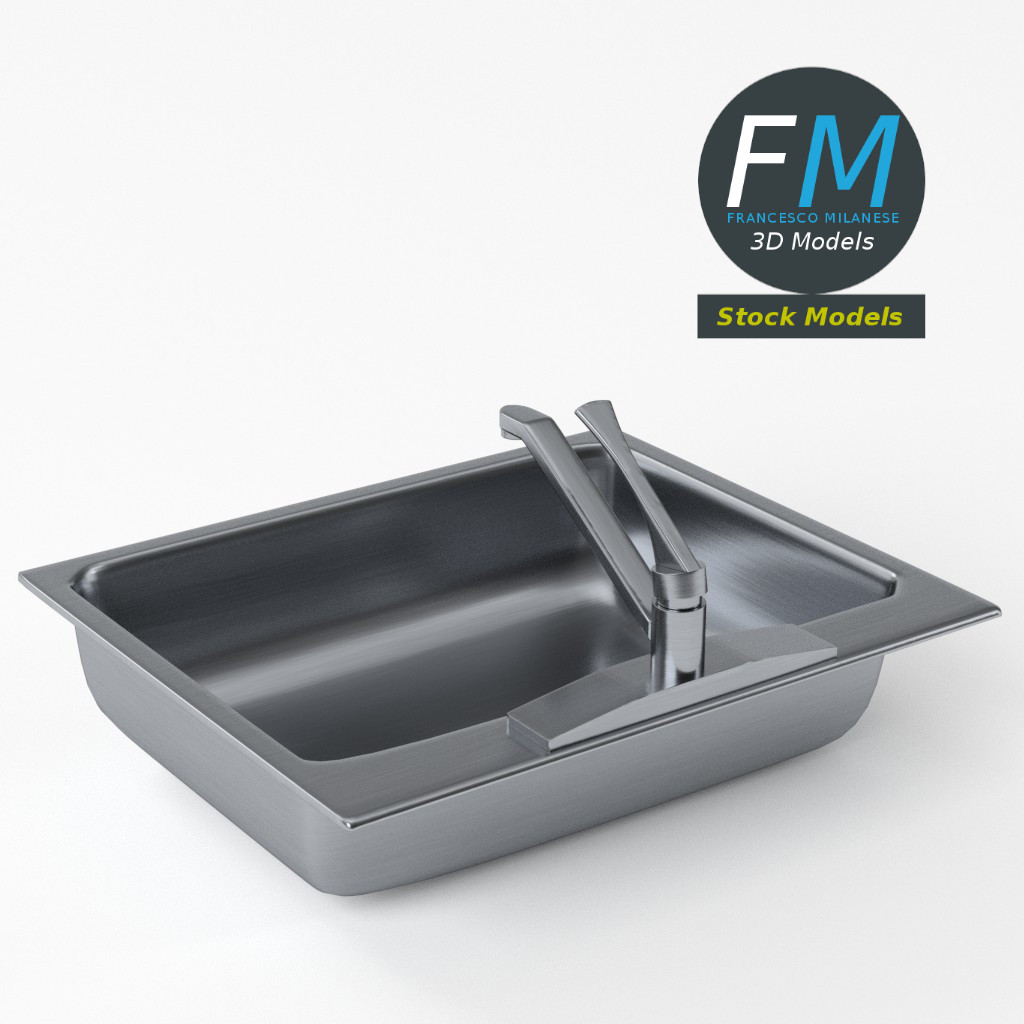 3D-Modell - Edelstahl-Küchenspüle mit Armatur - 05