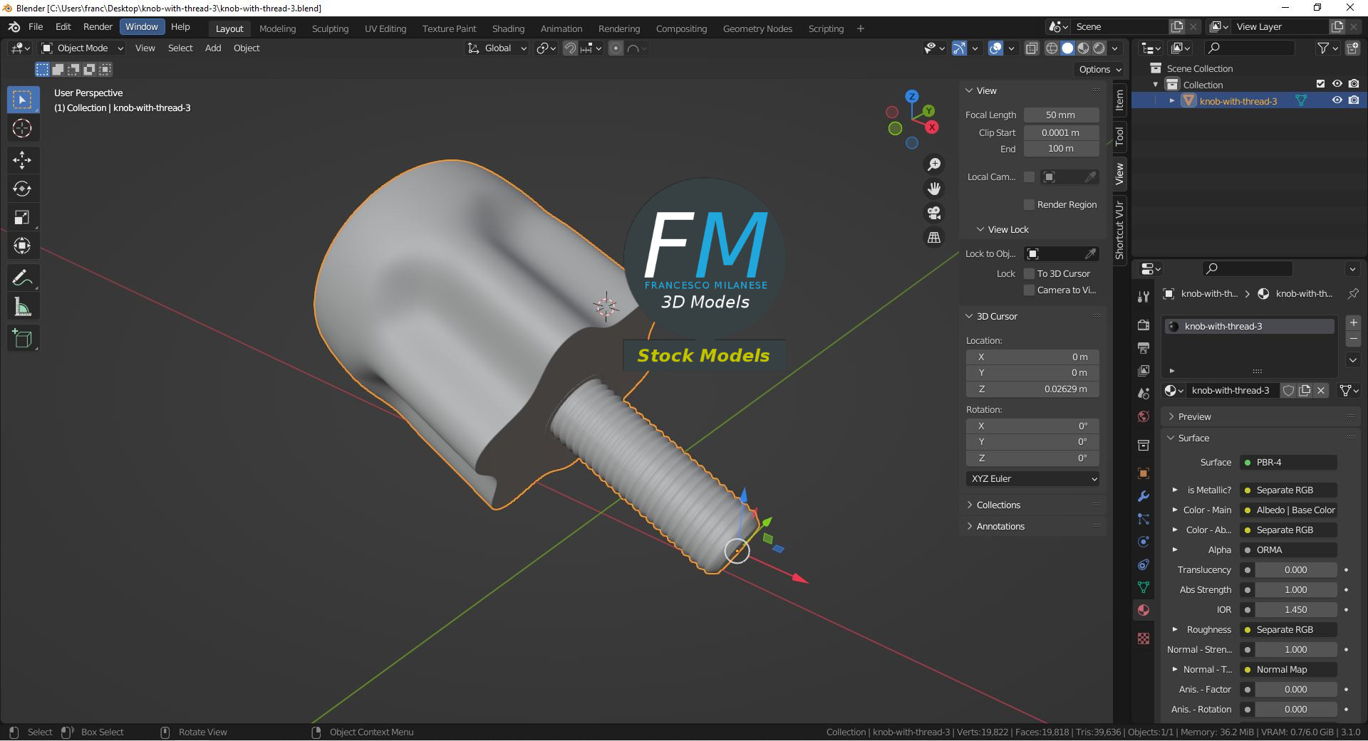 3D-Modell - Geriffelter Drehknopf mit Gewindebolzen - 09