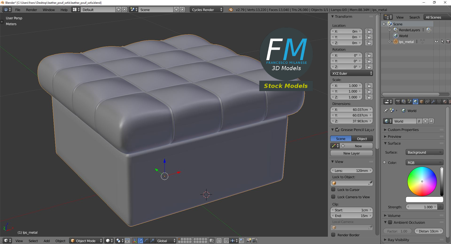 3D-Modell - Leder-Pouf mit Polster - 09
