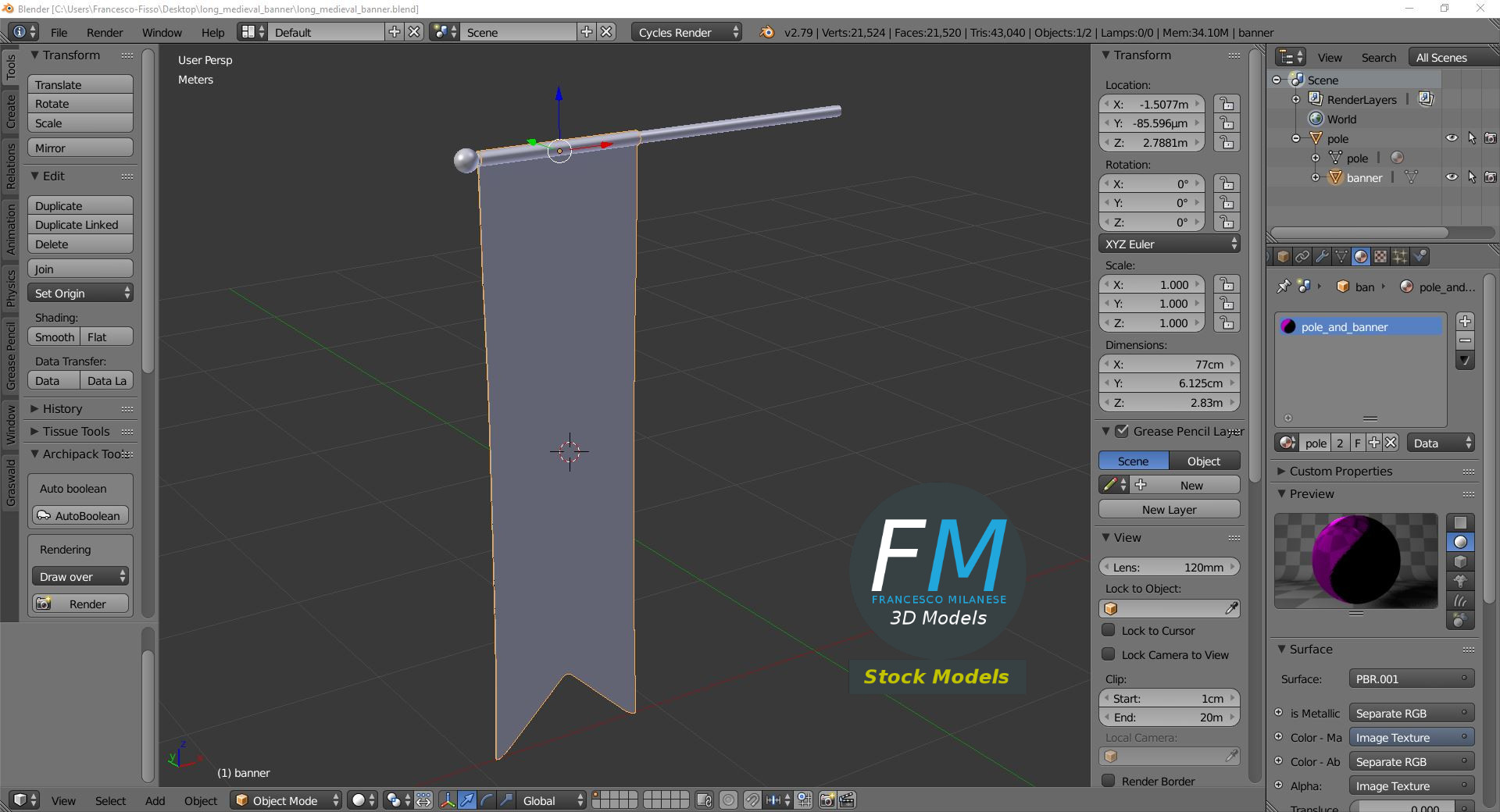 3D-Modell - Langes Mittelalterliches Banner - 09
