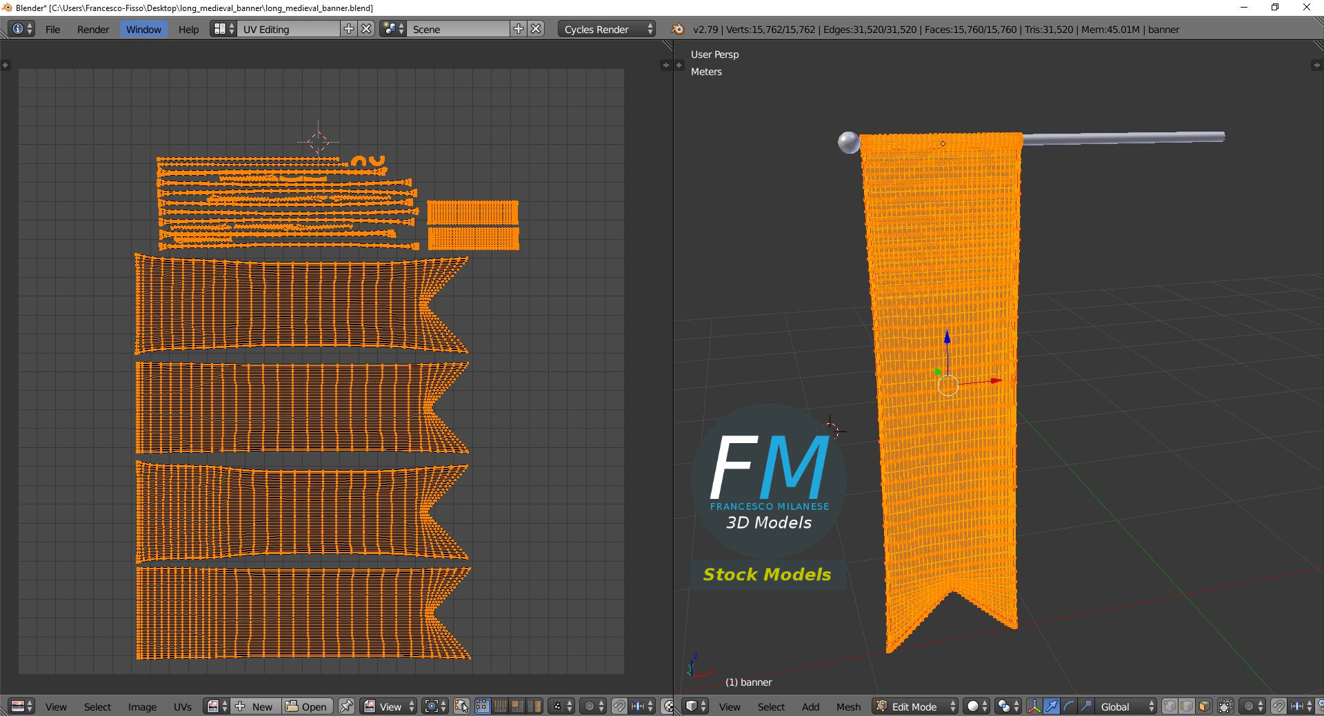 3D-Modell - Langes Mittelalterliches Banner - 10