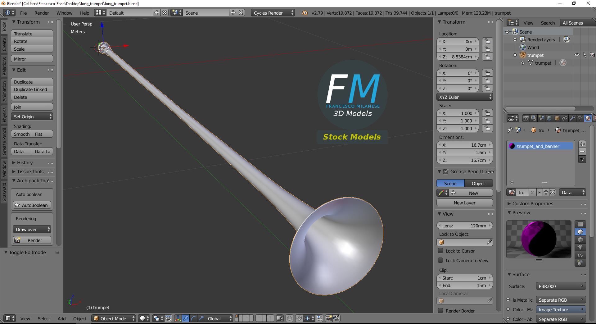 3D-Modell - Lange Messingtrompete - 09