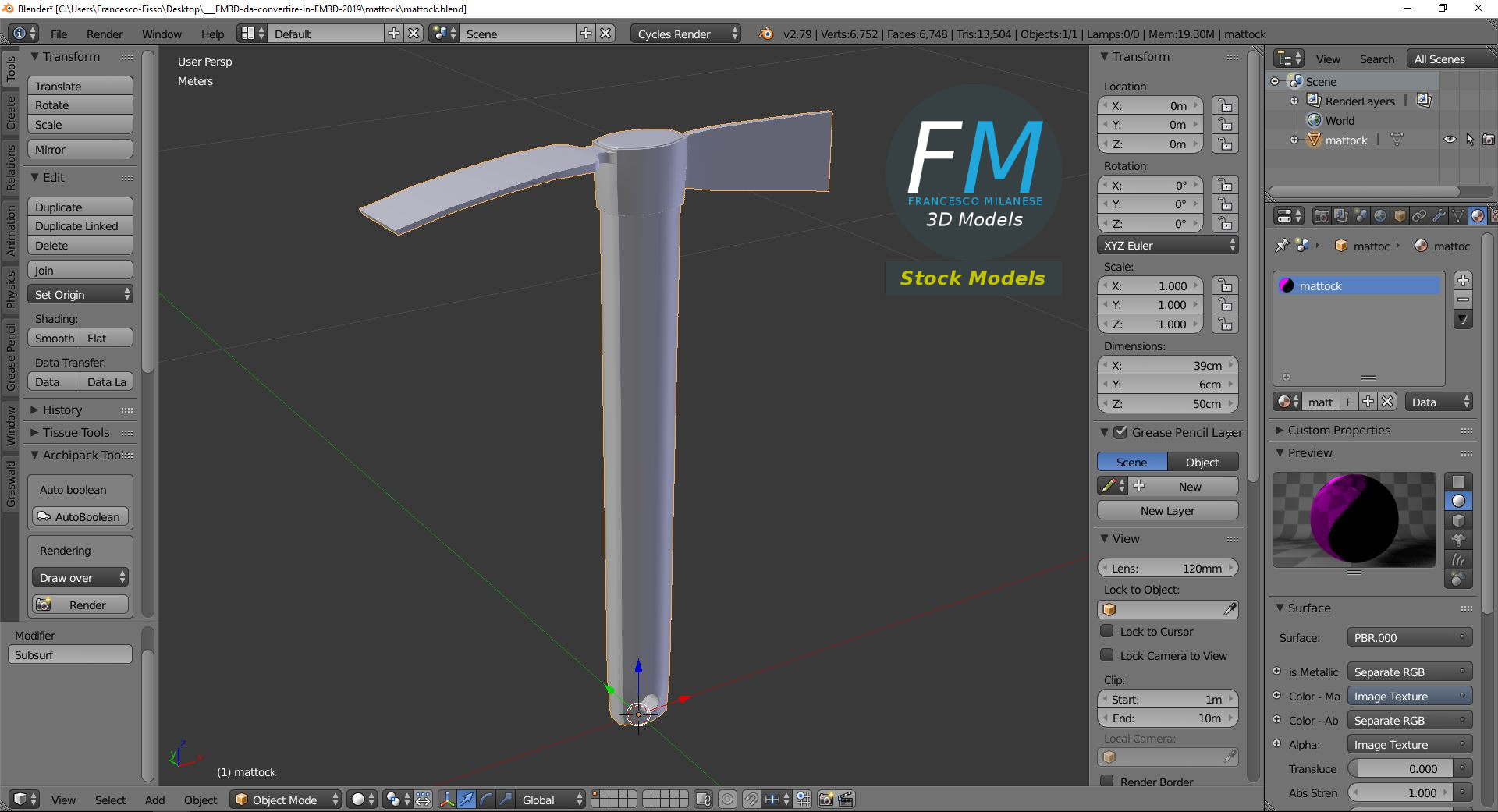 3D-Modell - Kreuzhacke mit Holzstiel - 09