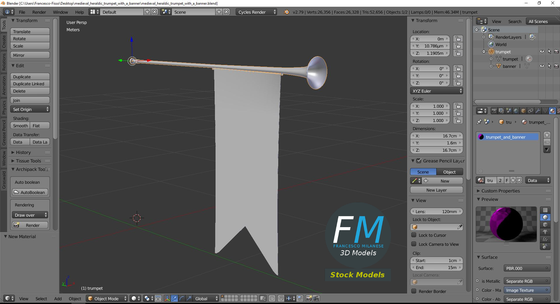 3D-Modell - Mittelalterliche Heraldische Trompete mit Banner - 09