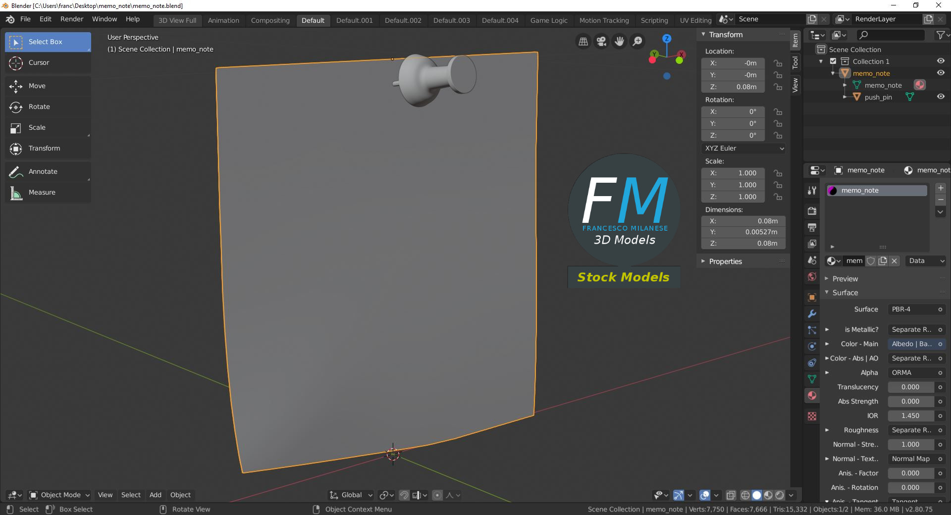 3D-Modell - Notizzettel mit Reißzwecke - 09