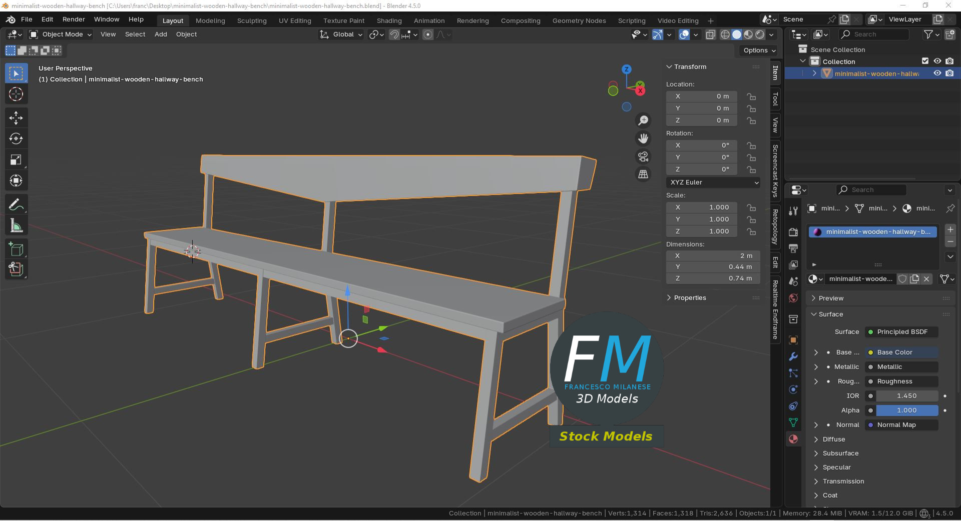 3D-Modell - Minimalistische Holzbank für den Flur - 09
