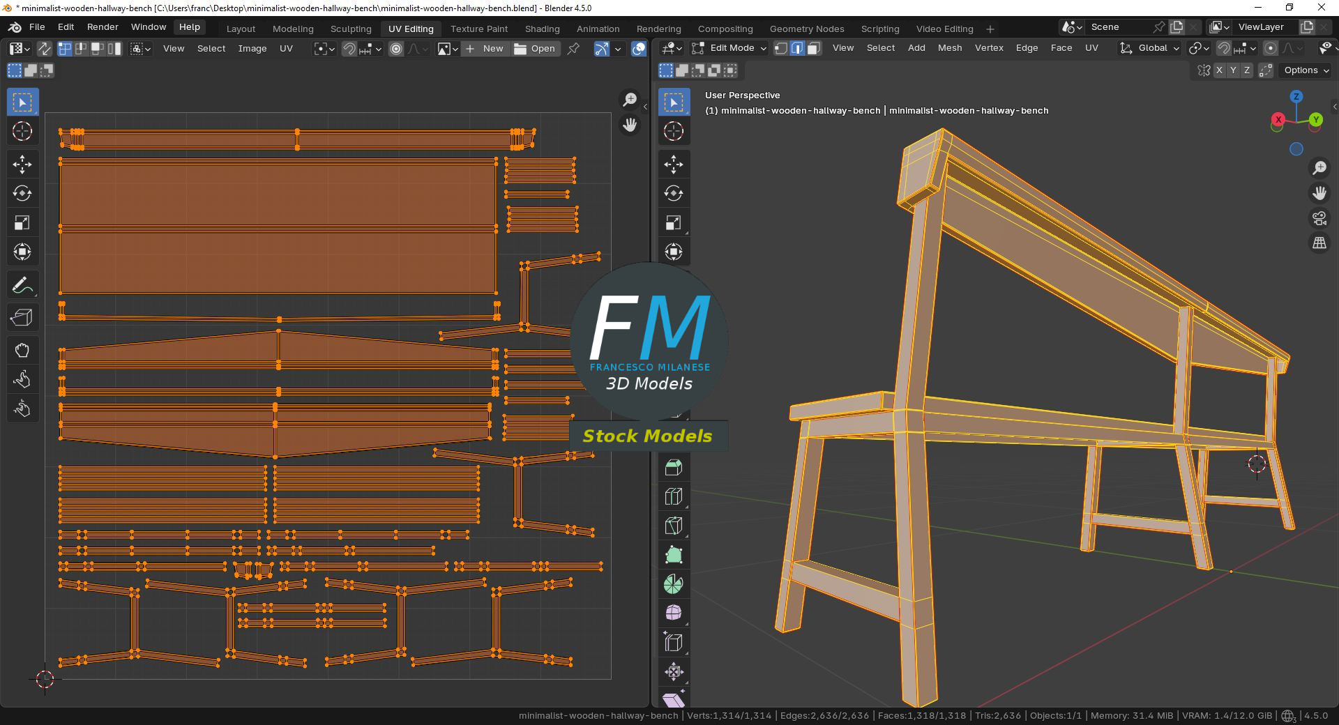3D-Modell - Minimalistische Holzbank für den Flur - 10