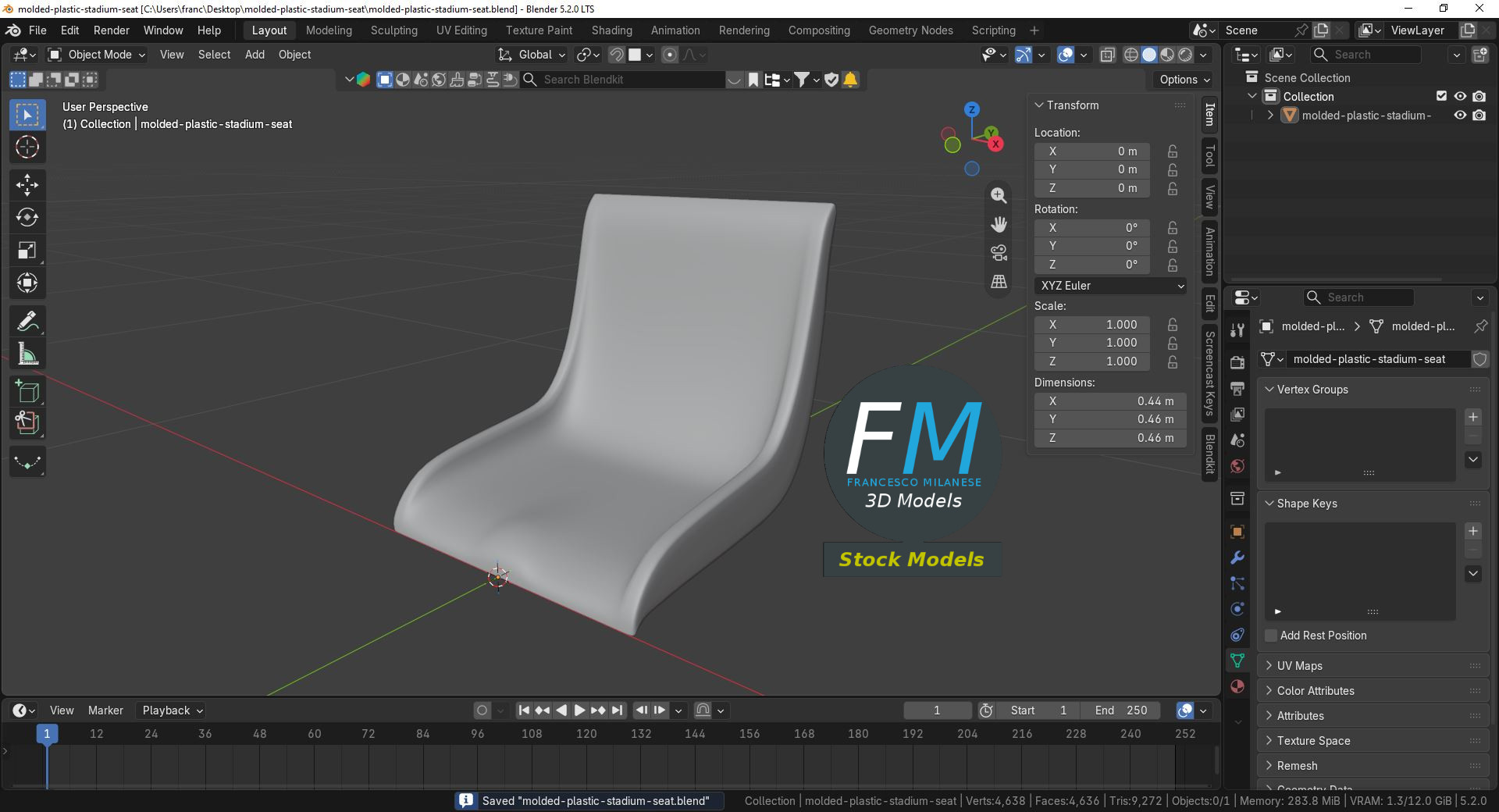 3D Model - Molded Plastic Stadium Seat - 09
