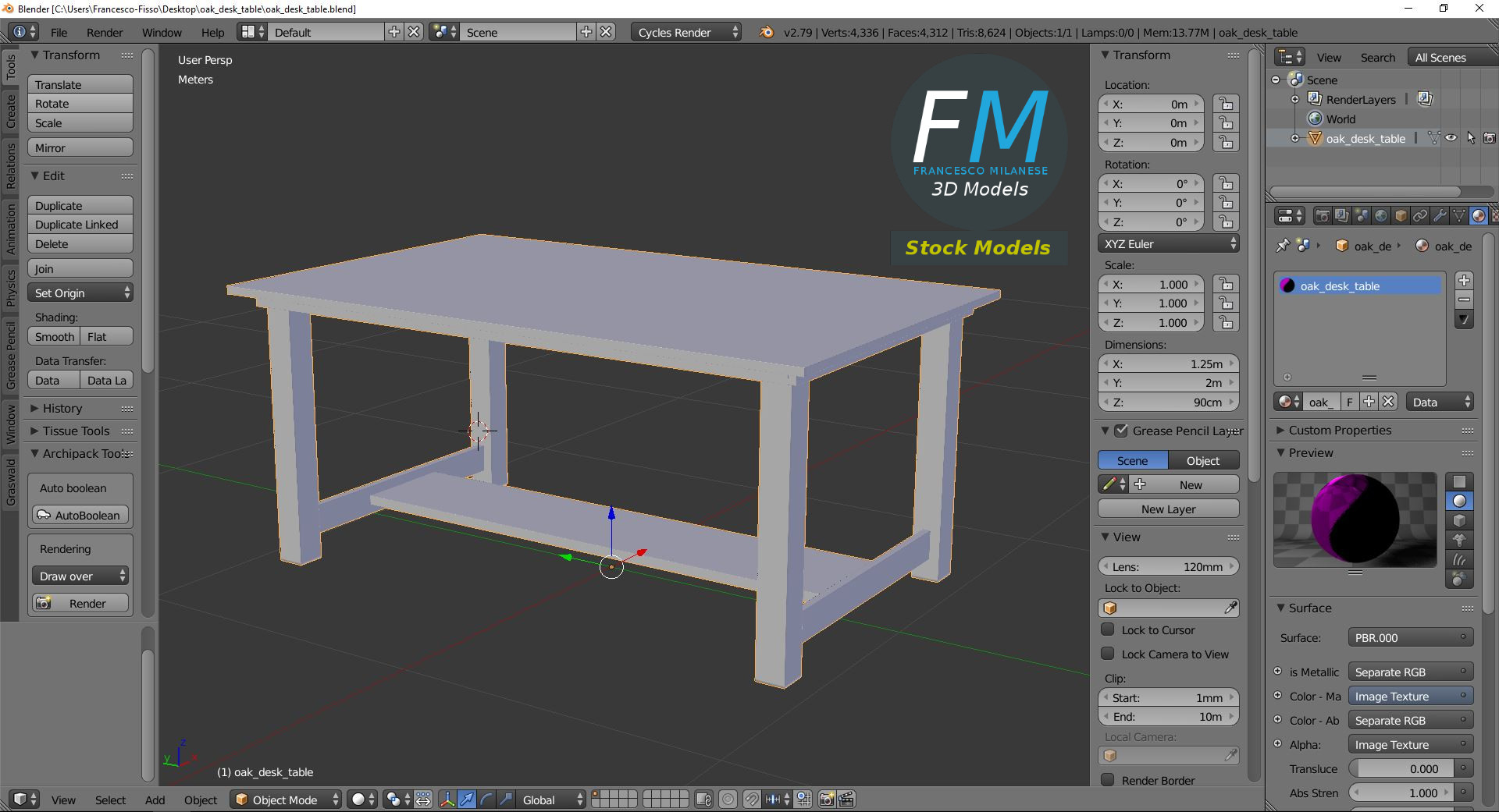 3D-Modell - Schreibtisch aus Eiche - 09