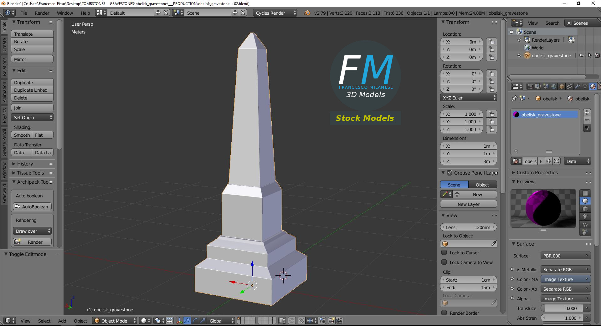 3D-Modell - Obelisk-Grabstein - 09