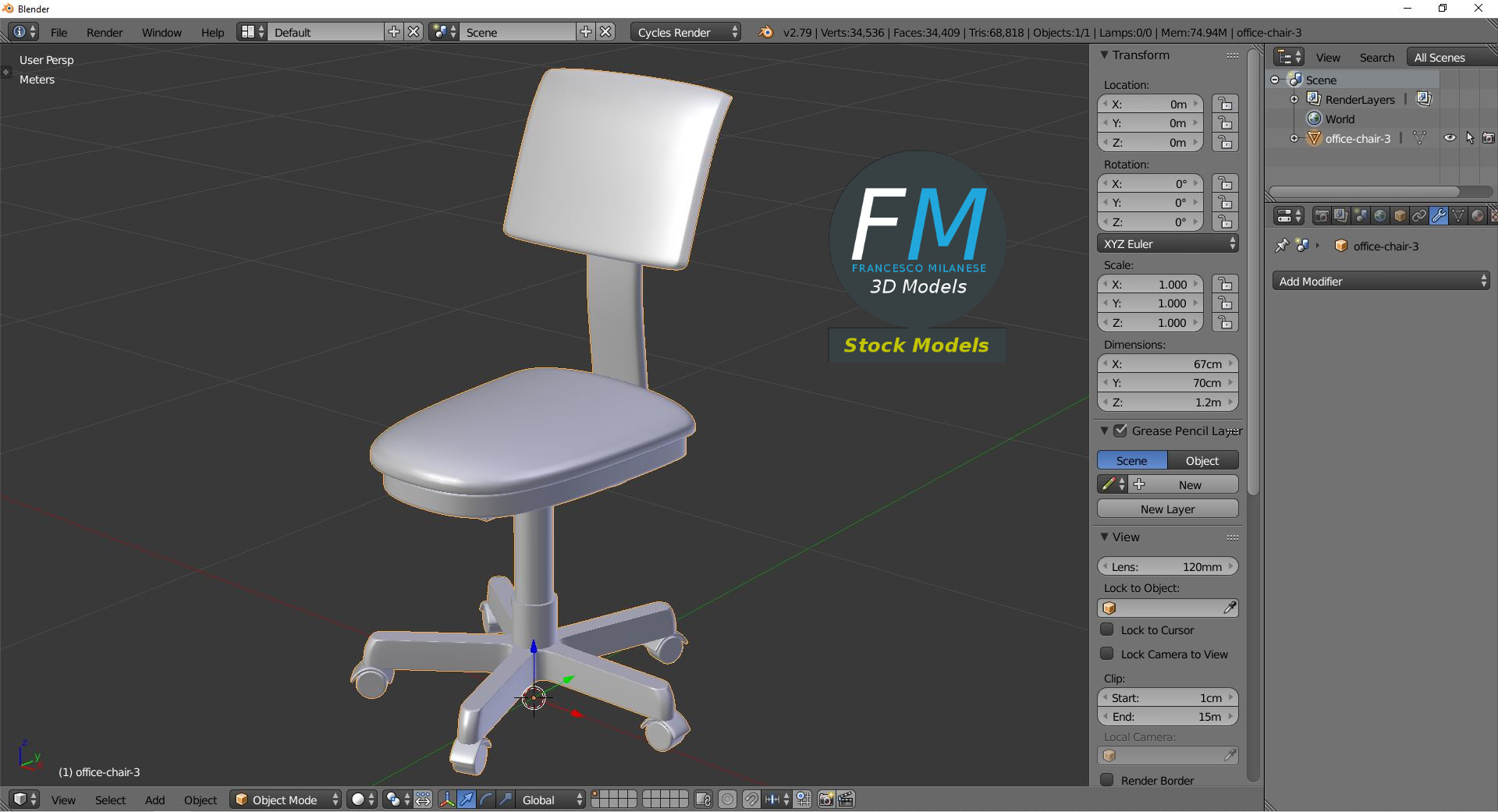 3D-Modell - Armloser Büroarbeitsstuhl - 09