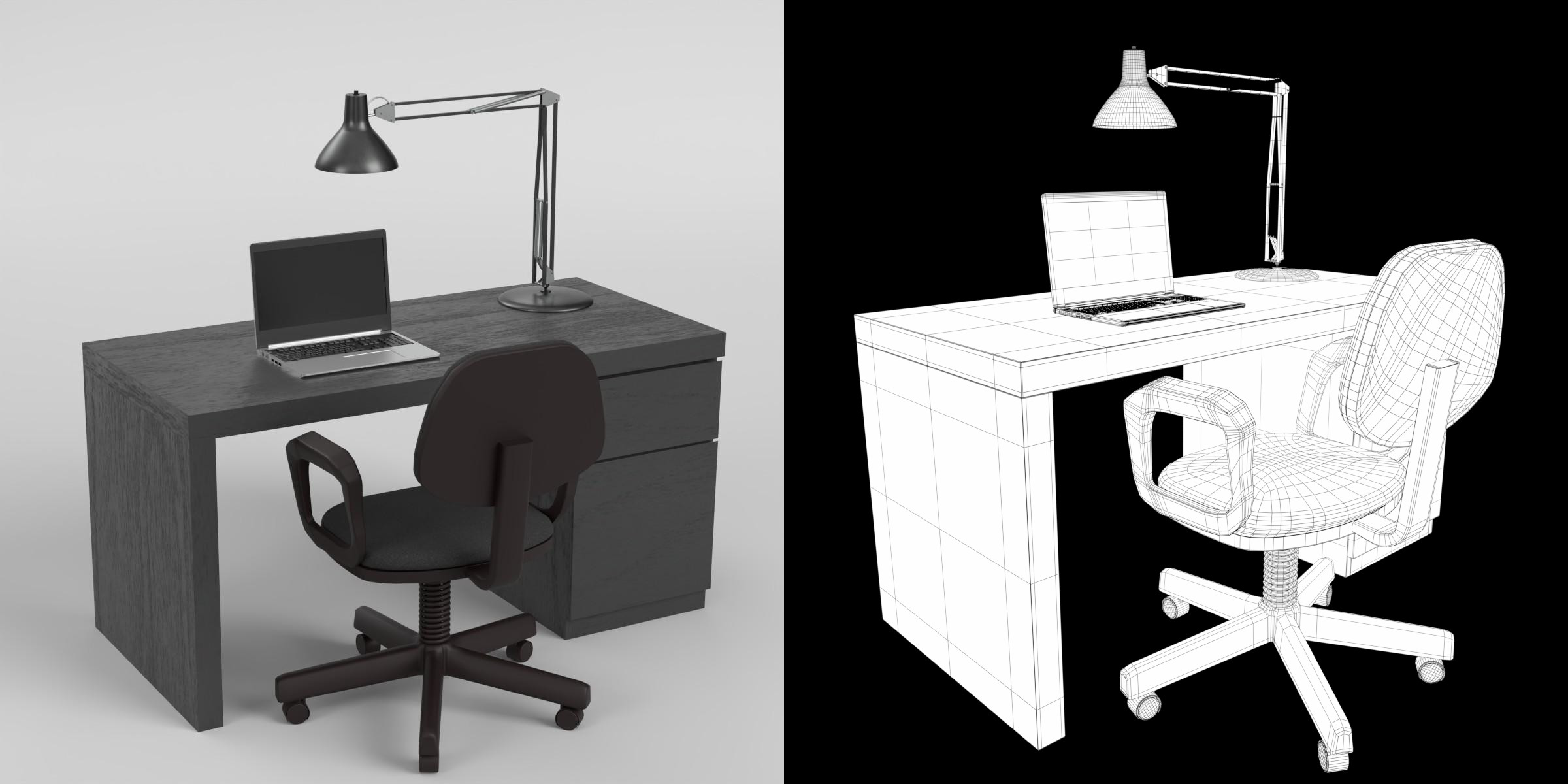 3D-Modell - Schreibtisch mit Stuhl und Laptop