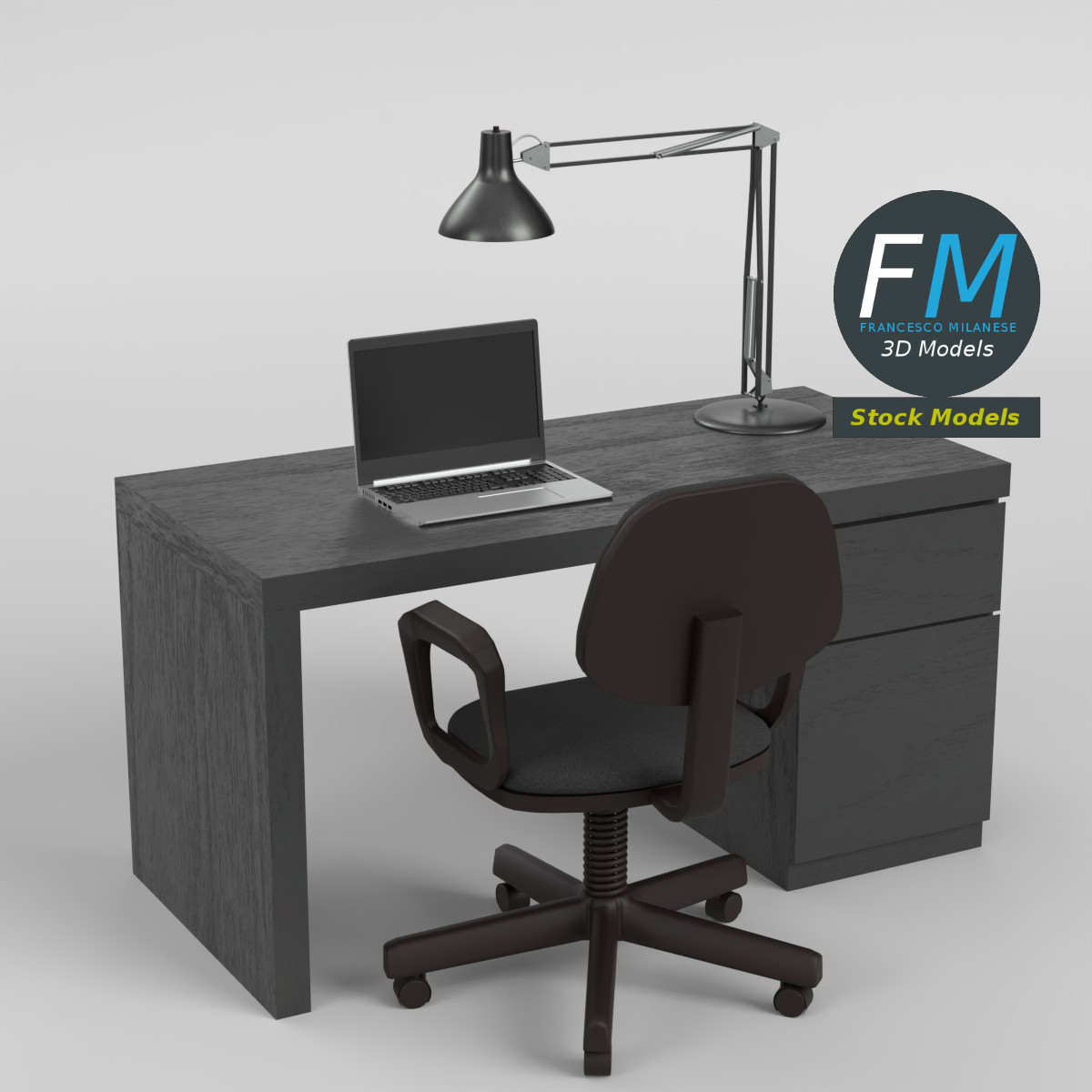 3D-Modell - Schreibtisch mit Stuhl und Laptop - 01