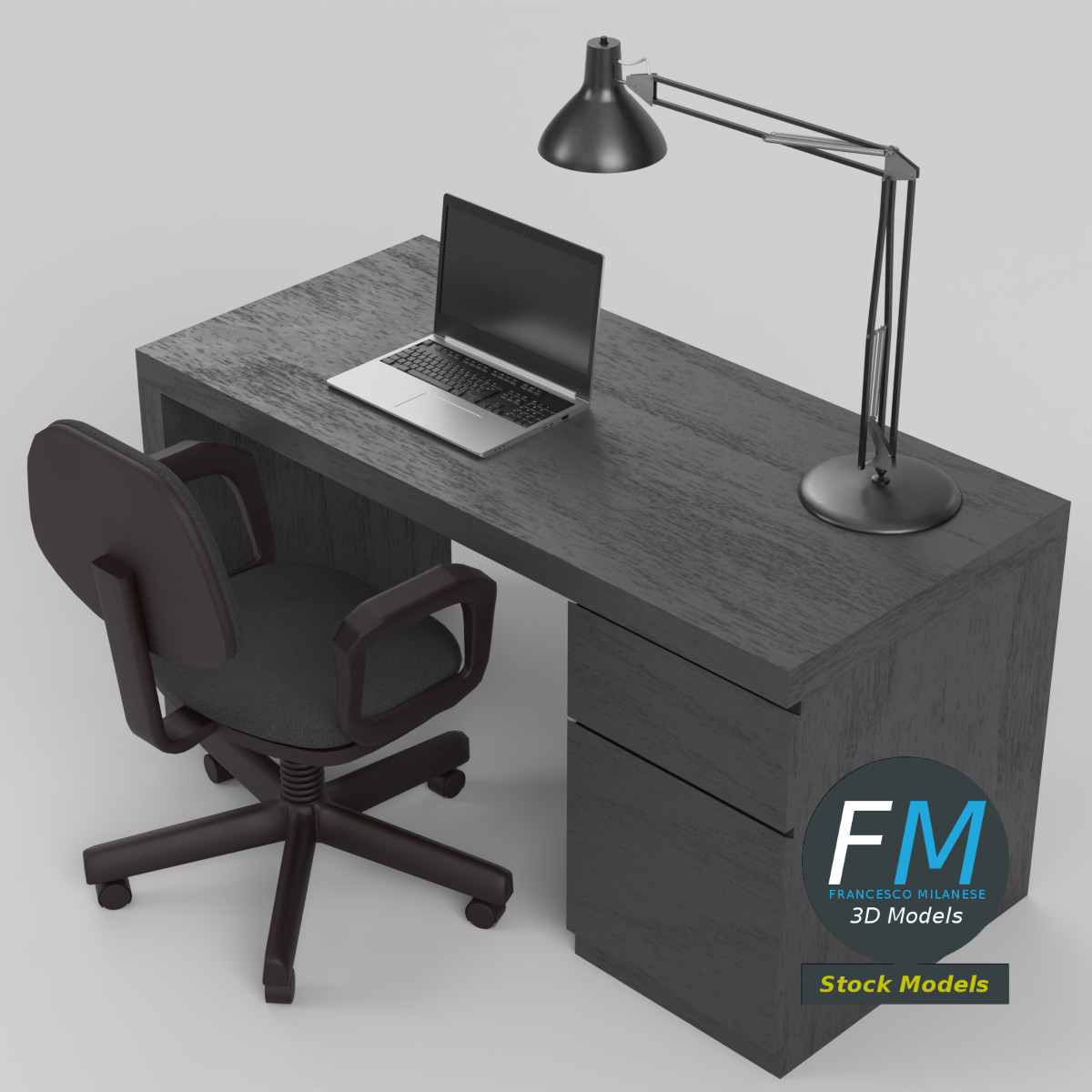 3D-Modell - Schreibtisch mit Stuhl und Laptop - 02